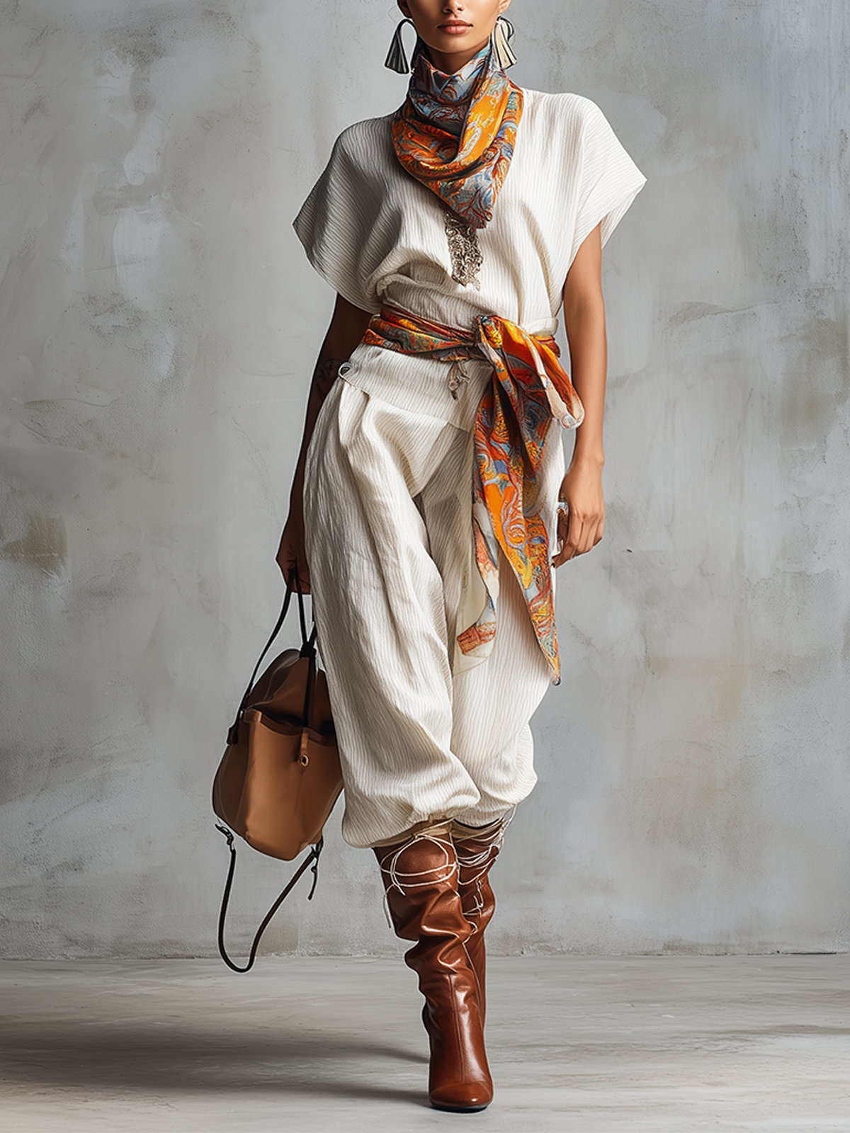 Ivory Textured Drape Top And Tapered Pants Set With Printed Silk Accents