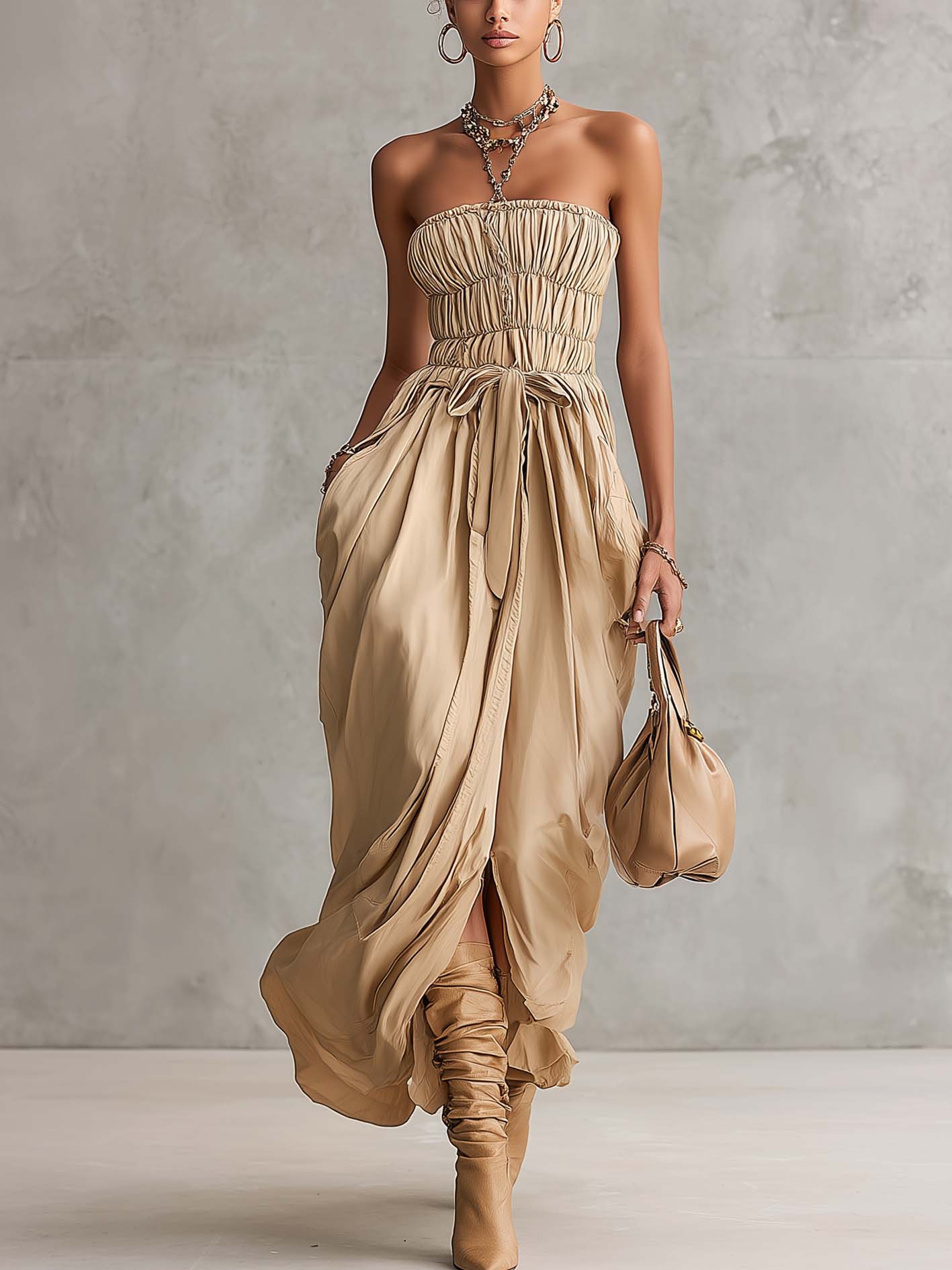 Khaki Off Shoulder Cotton Linen Maxi Dress With Front Slit