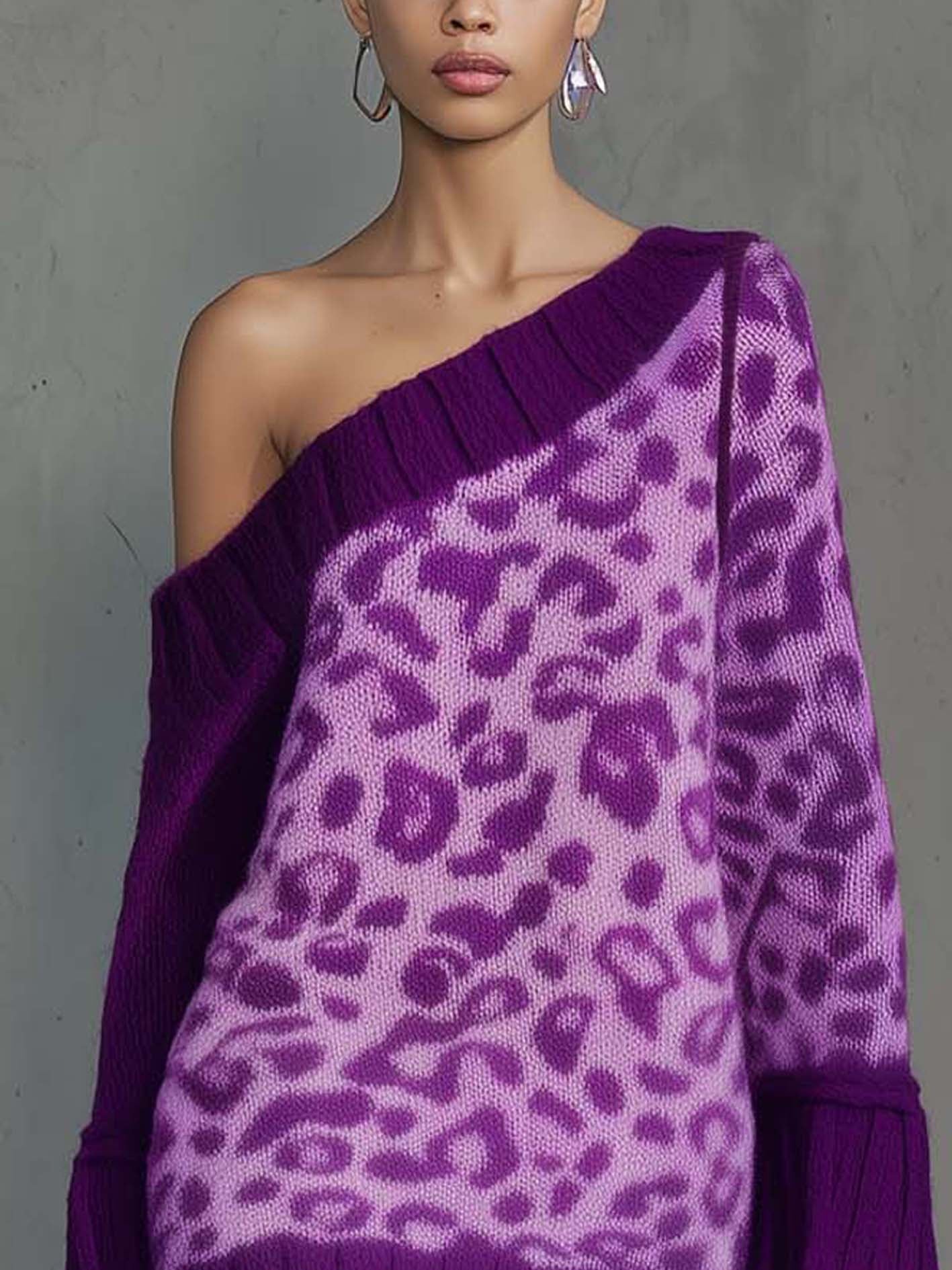 One Shoulder Purple Knit Mini Dress With Leopard Print