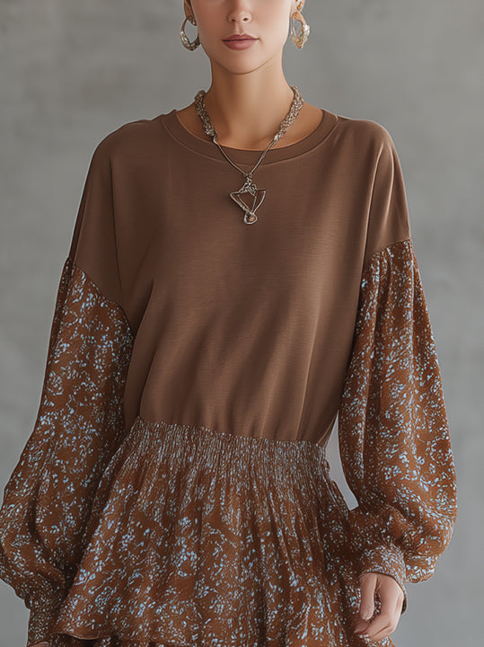 Brown Floral Print Ruffled Mini Dress With Smocked Waist And Balloon Sleeves