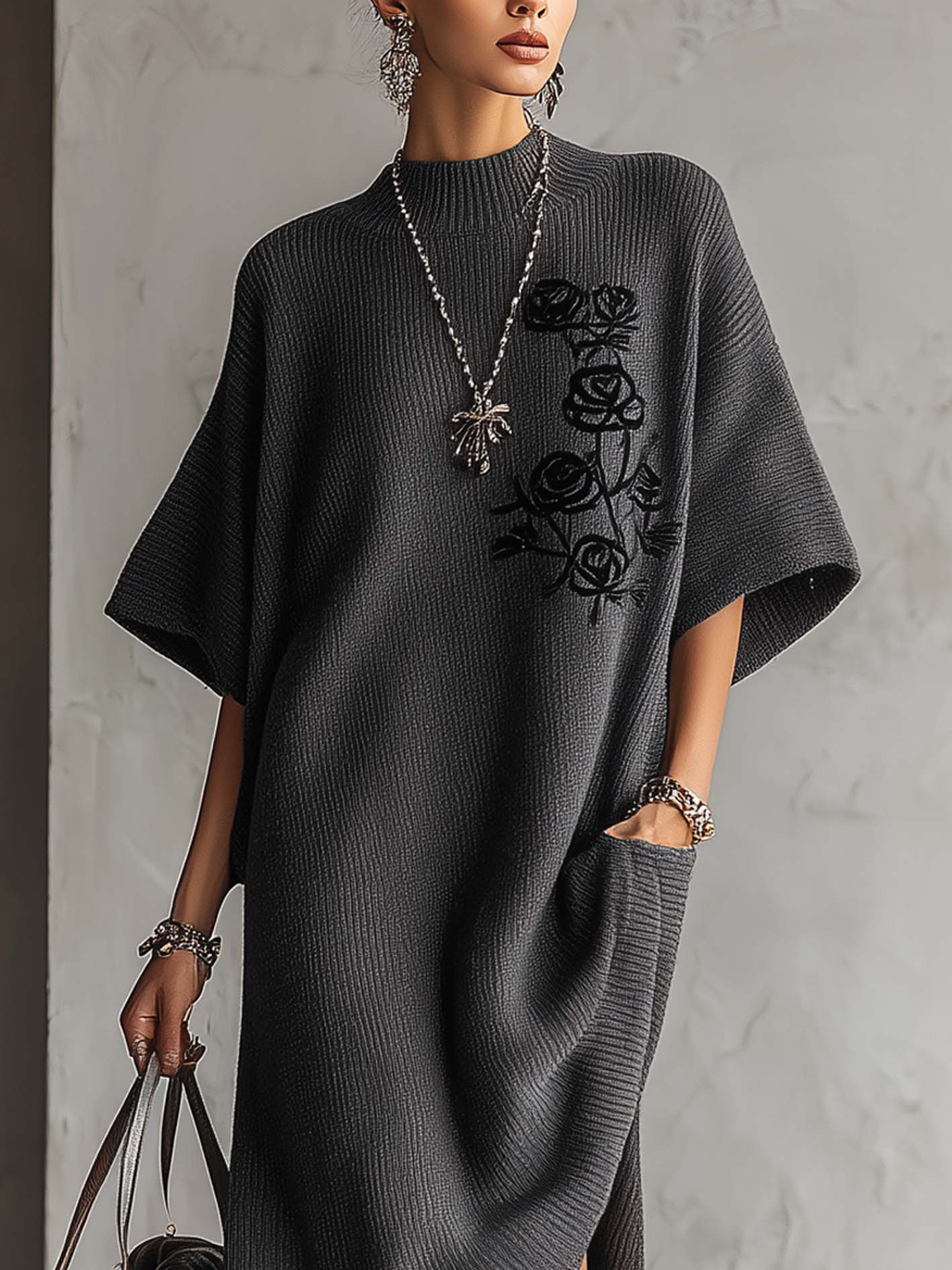 Gray Rose Embroidered Knit Midi Dress With Side Slit