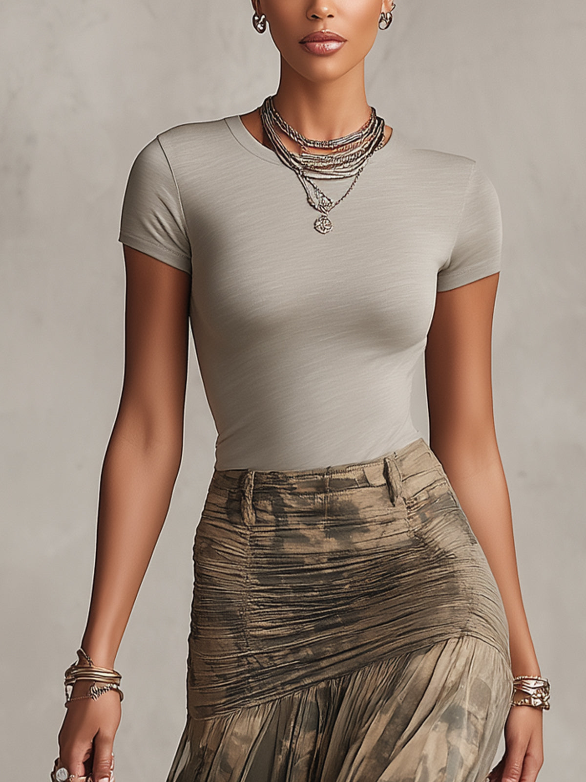 Gray T-shirt And Olive Tie-Dye Mesh Ruched Maxi Skirt