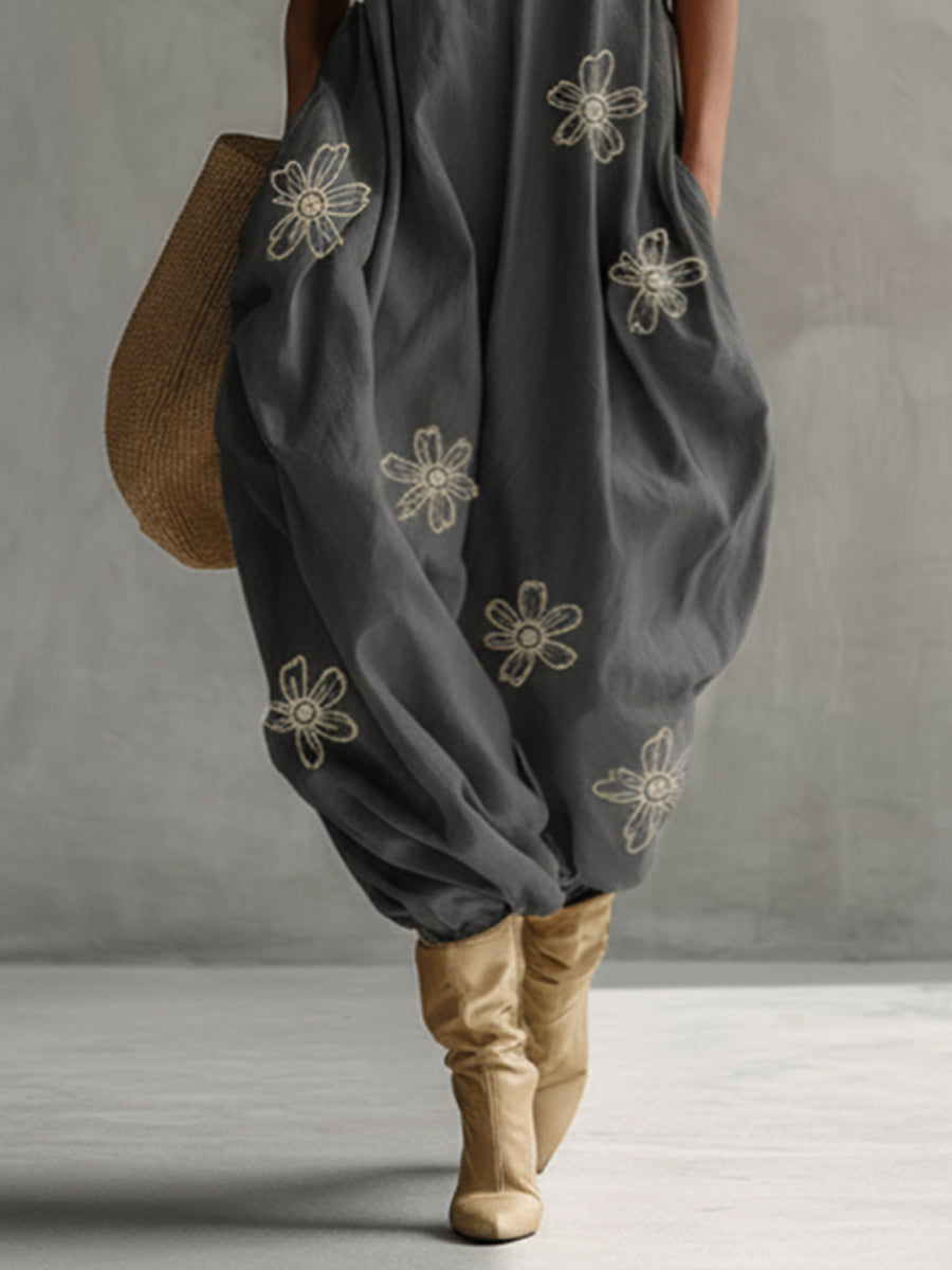 Gray Embroidered Linen Blend Sleeveless Balloon Maxi Dress