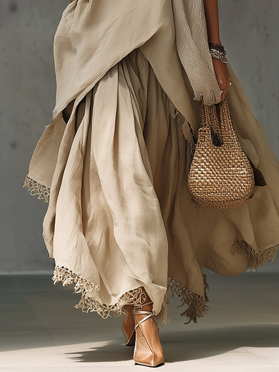 Oatmeal Linen Blend Sleeveless Maxi Dress With Lace Trim