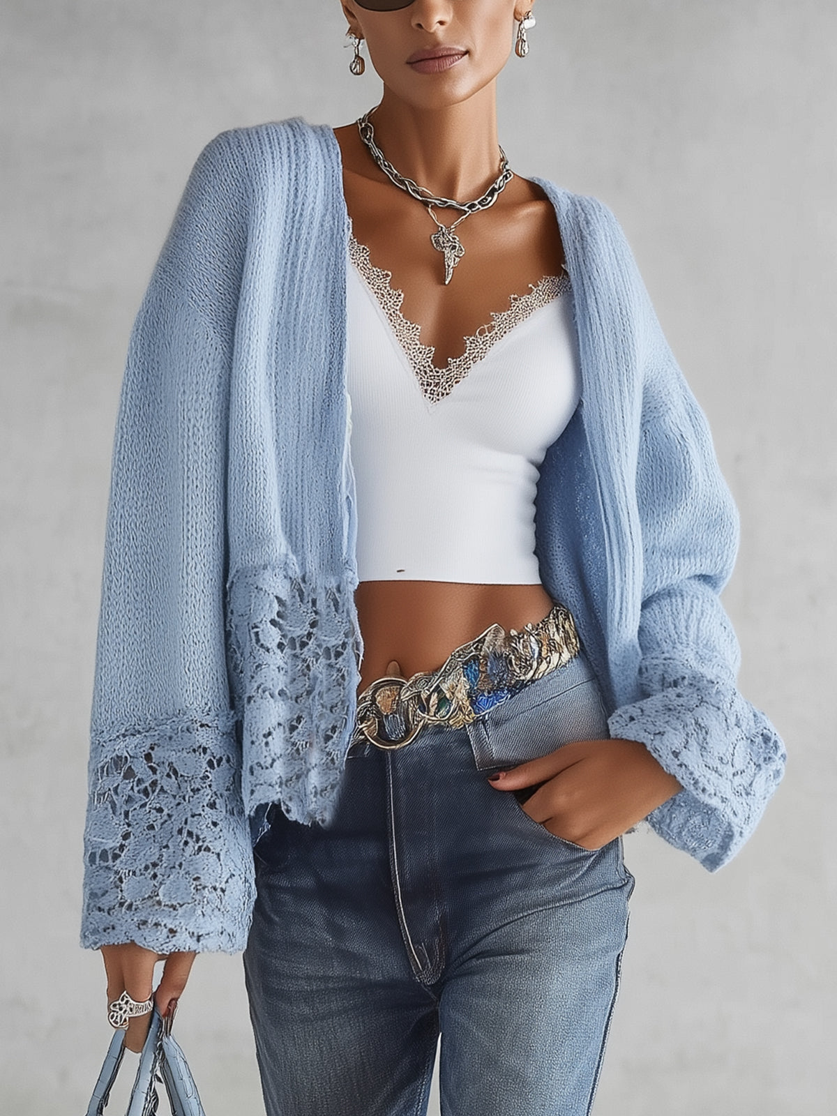 Sky Blue Lace‑Trim Knit Open‑Front Cardigan