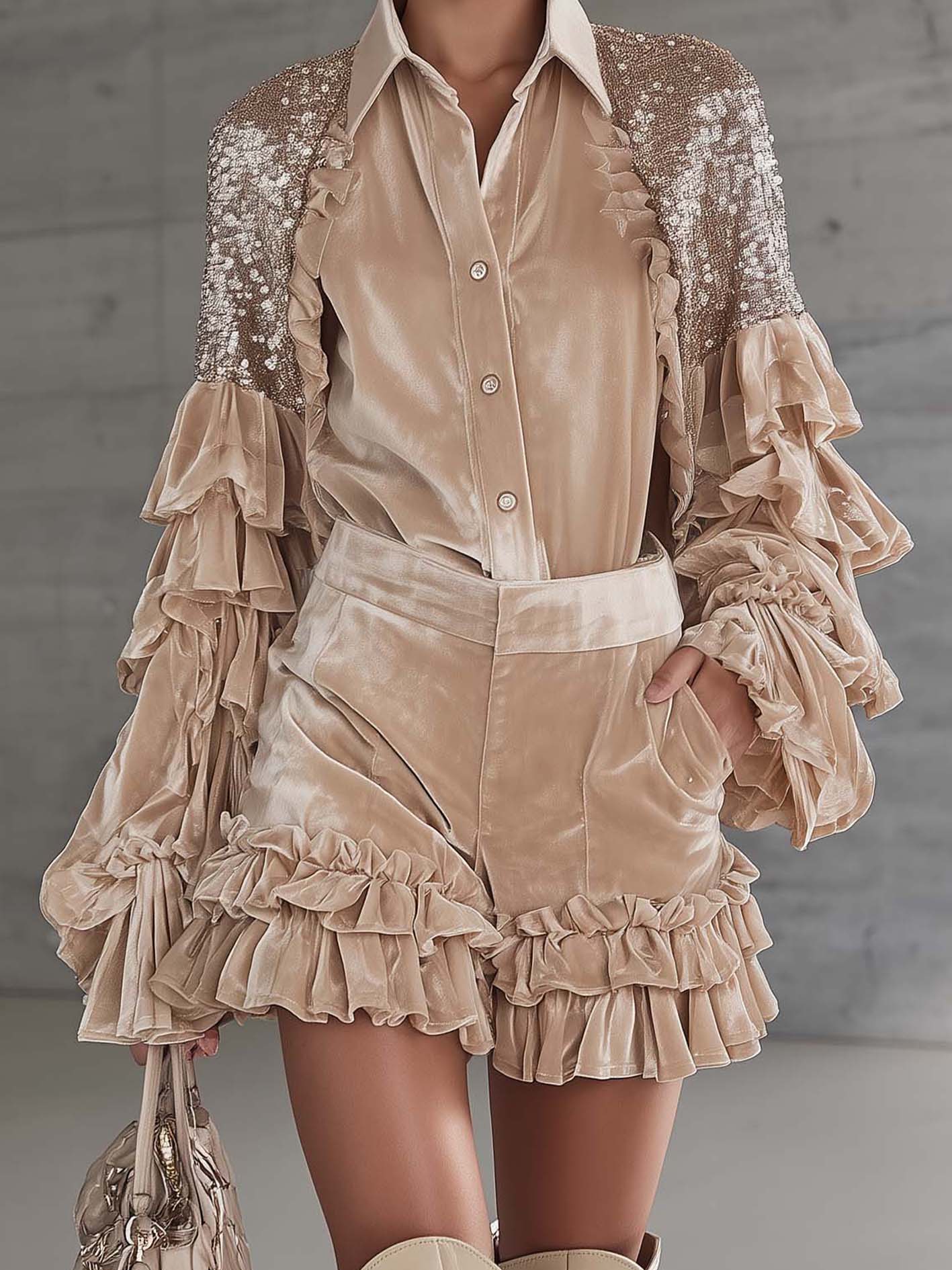 Champagne Velvet Sequin Ruffle Patchwork Two Piece Set