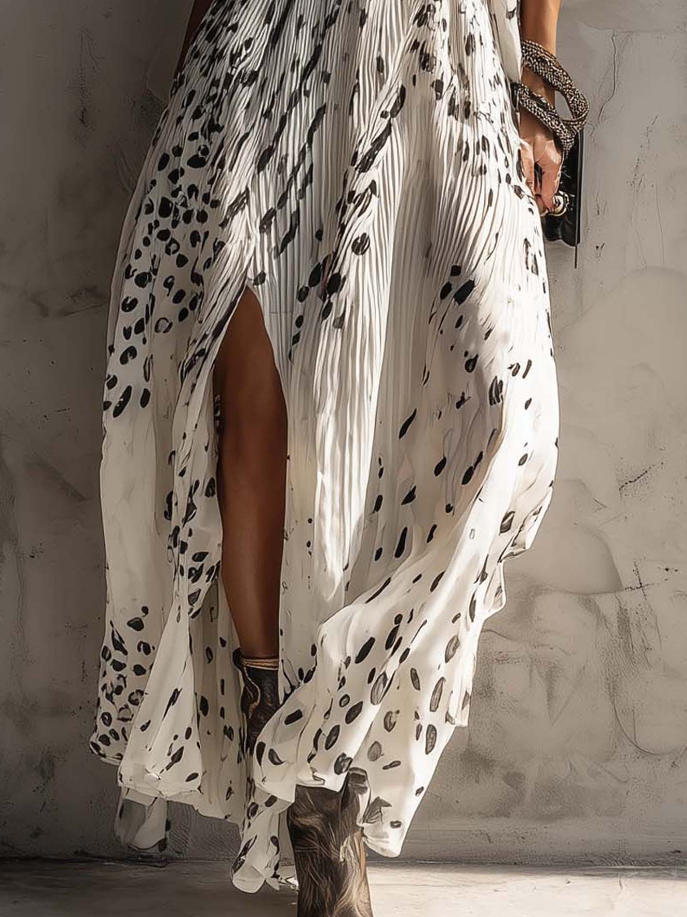 White Irregular Leopard Print Chiffon Maxi Dress With Side Slit