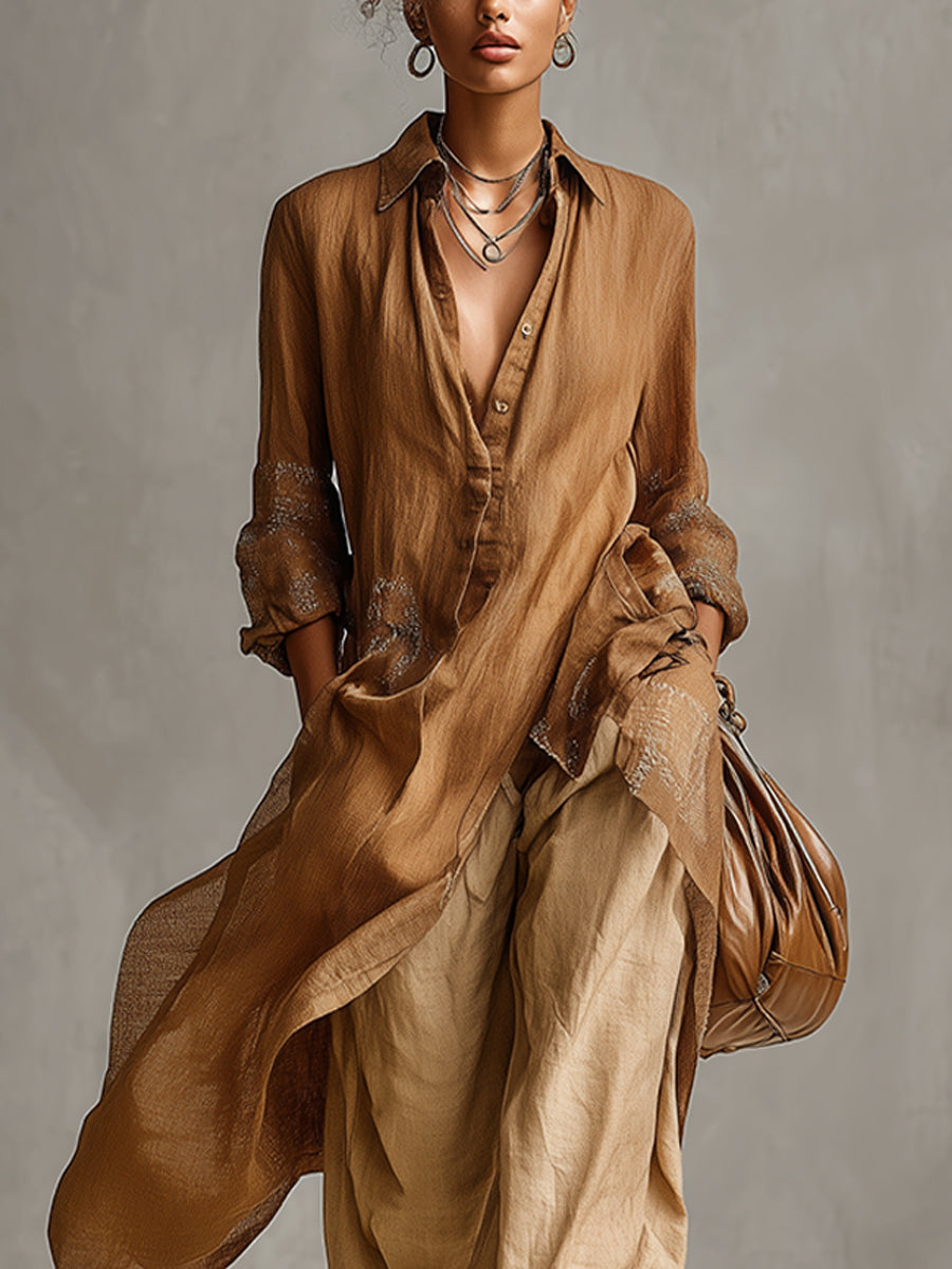 Yellow Embroidered Cotton Linen Split Maxi Dress