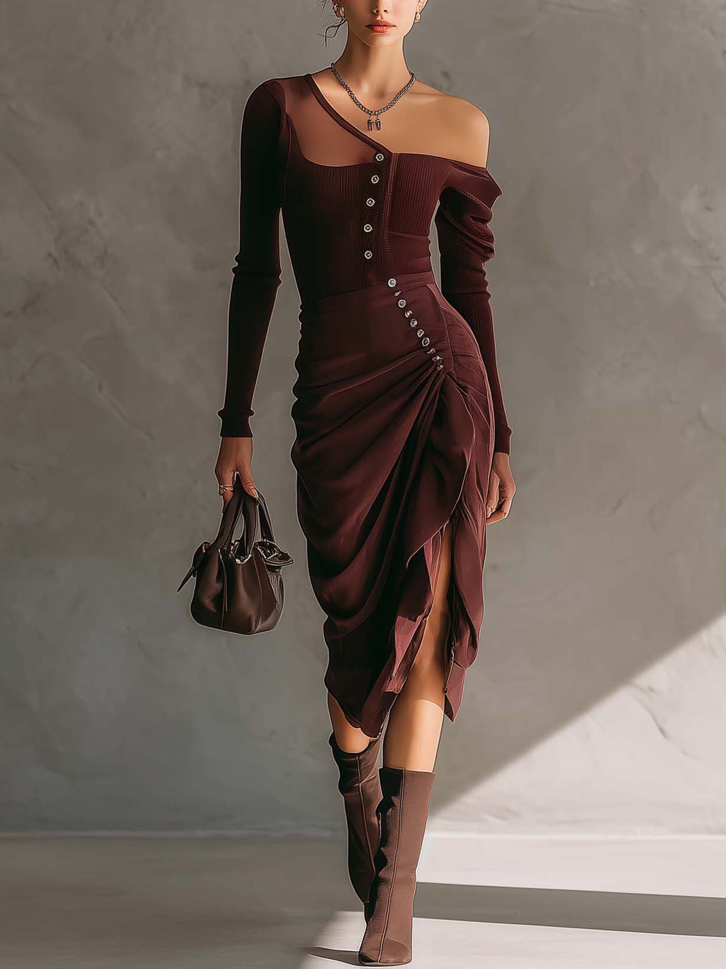 Burgundy Asymmetrical Button Detail Bodycon Dress