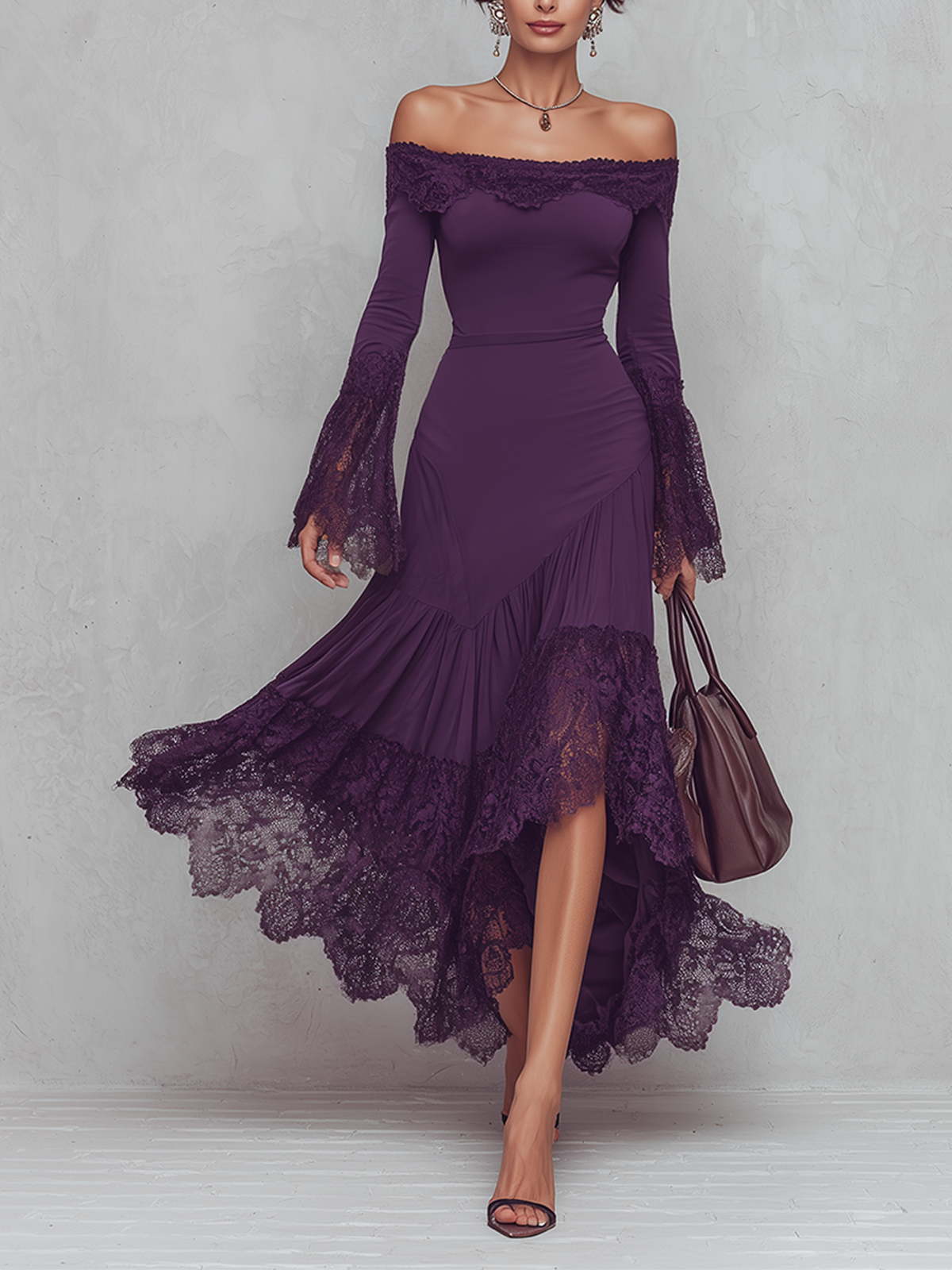 Purple Off-Shoulder Lace-Trimmed Long Sleeve Maxi Dress