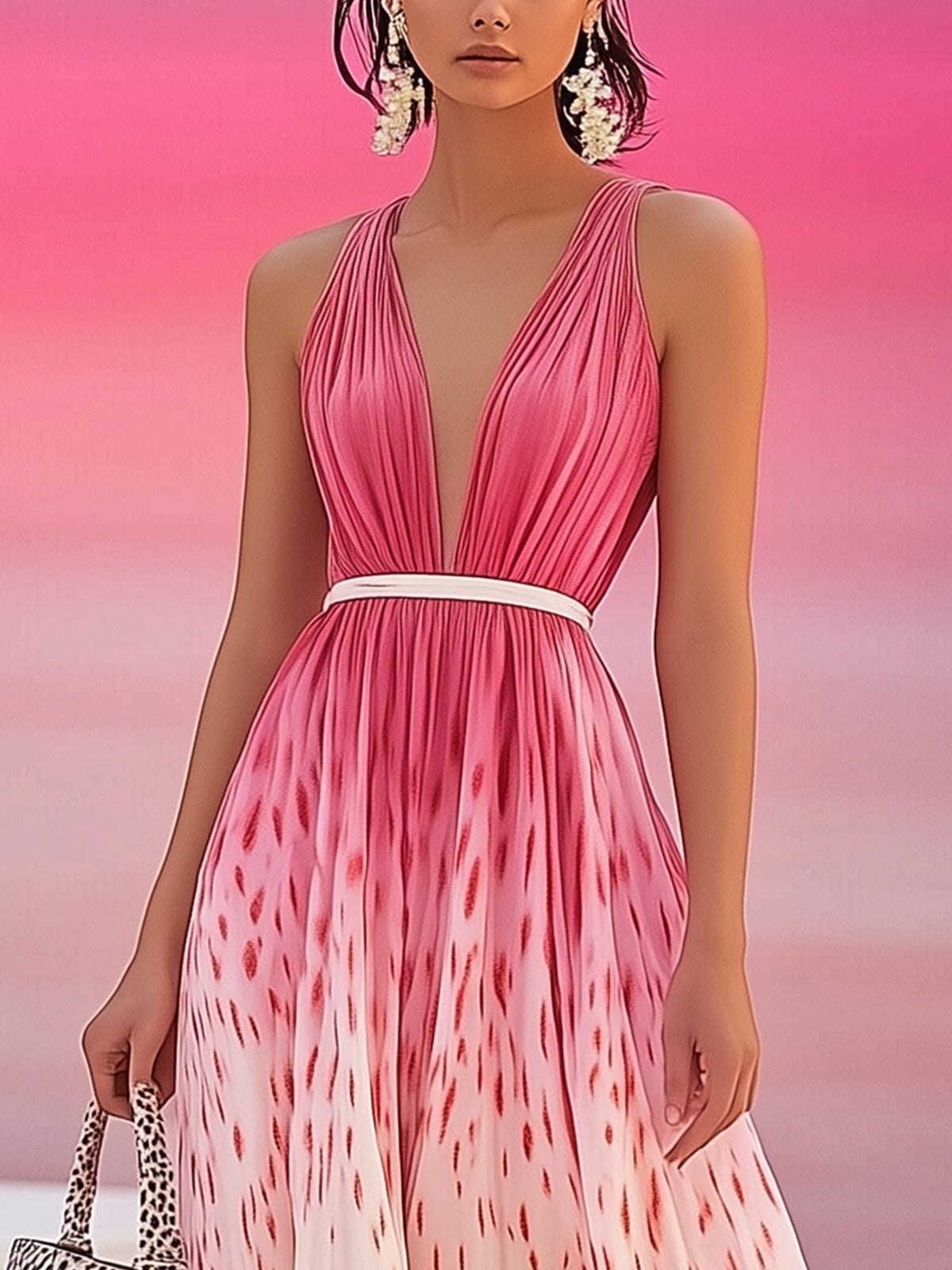 Elegant Pink Gradient Deep V-Neck Flowing Maxi Dress