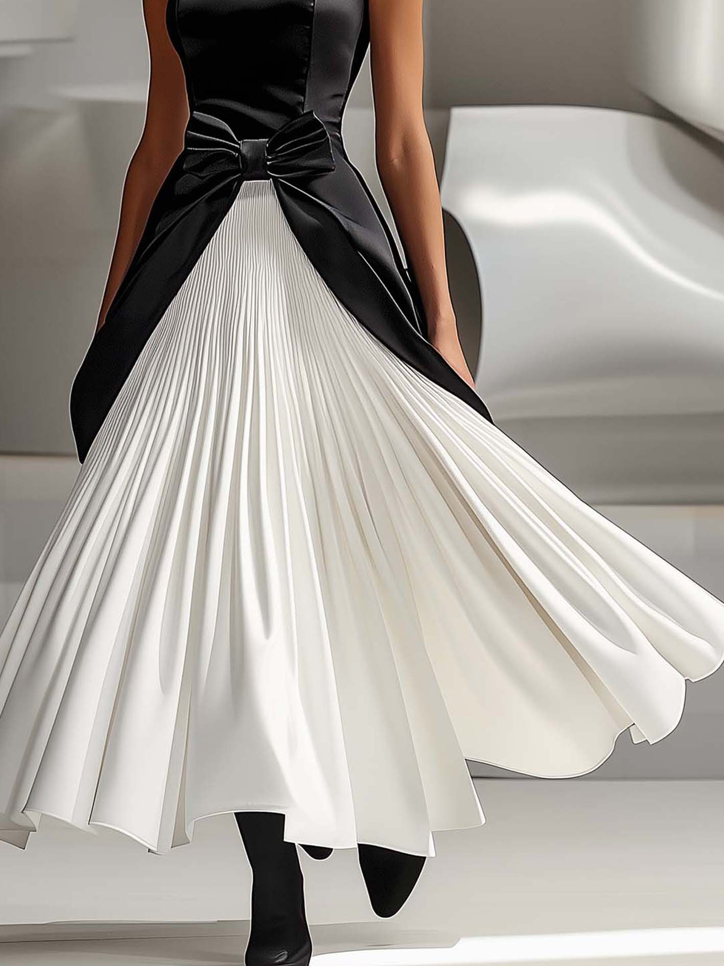 Black And White Stitching Satin Maxi Dress With Bow At Waist