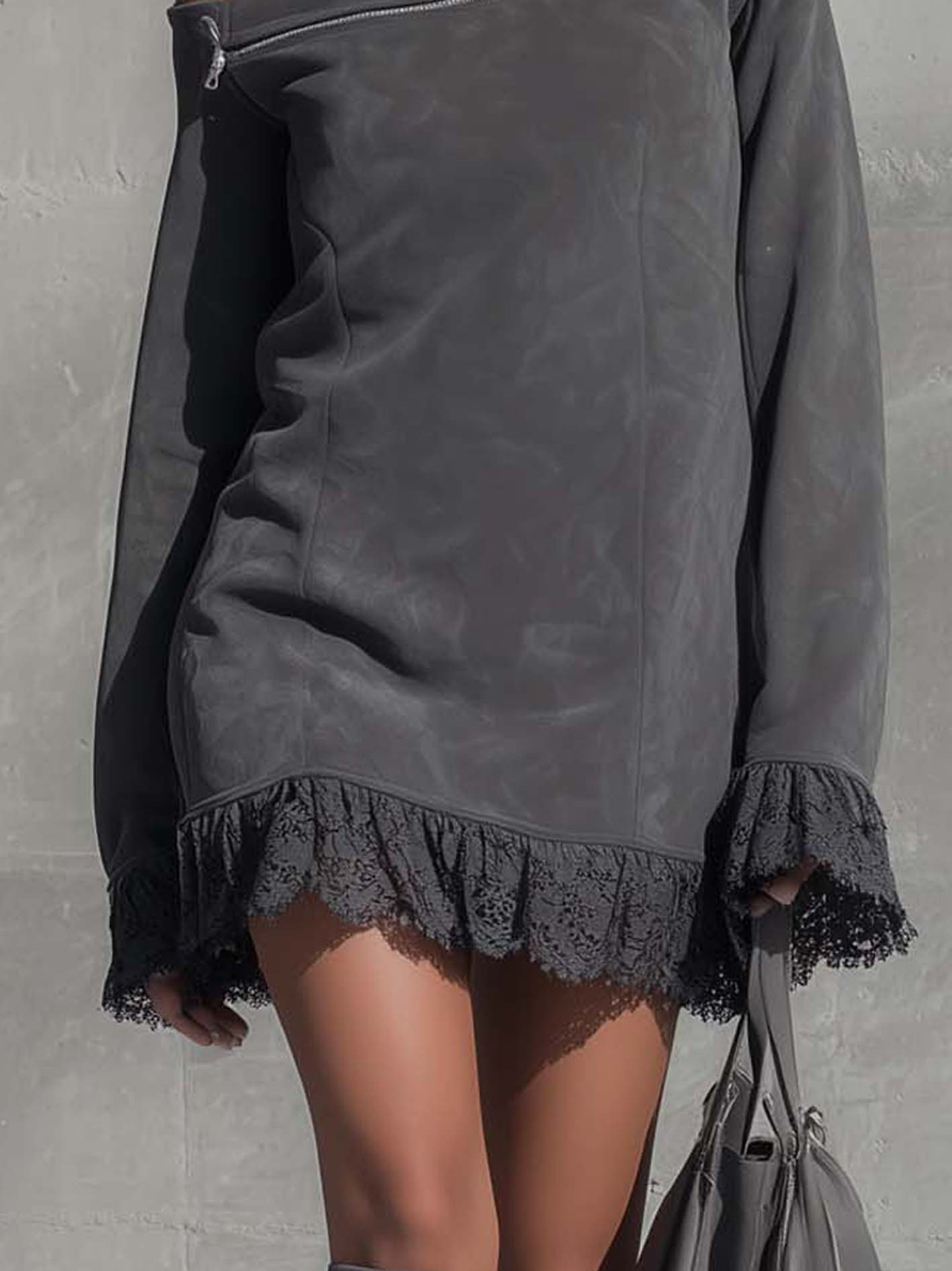 Gray Faux Suede Mini Dress With Lace And Zipper
