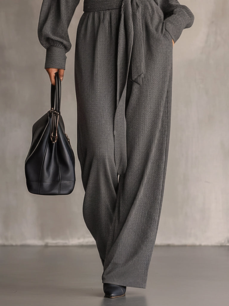 Gray Knit Deep Neck Top And Wide Leg Pants Set