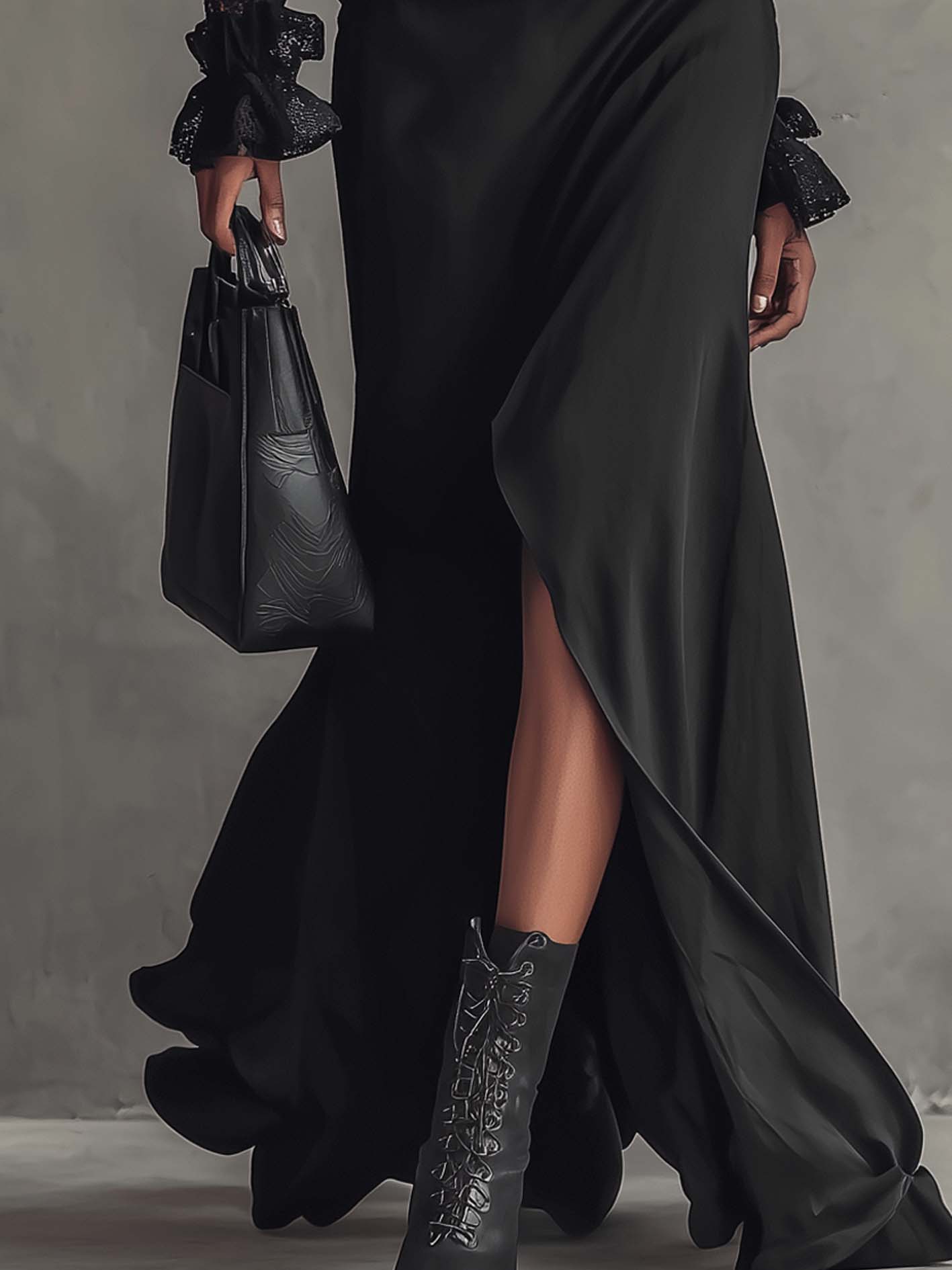 Black Lace Patchwork Ruffled Maxi Bodycon Dress With Front Slit