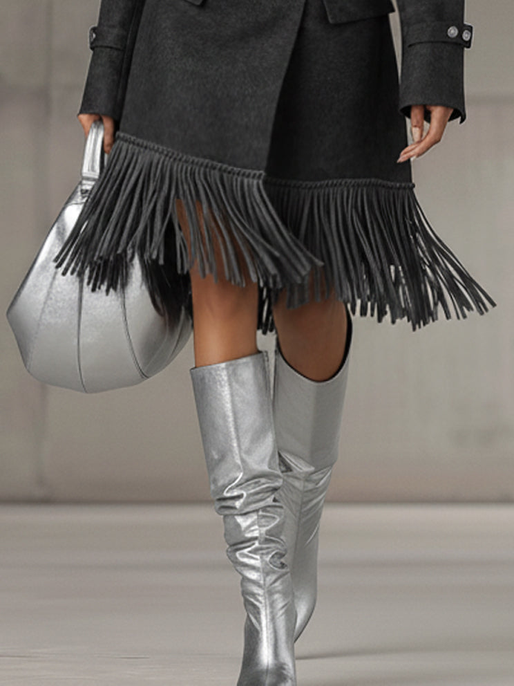 Gray Faux Suede Fringed Long Sleeve Blazer With A Plush Belt