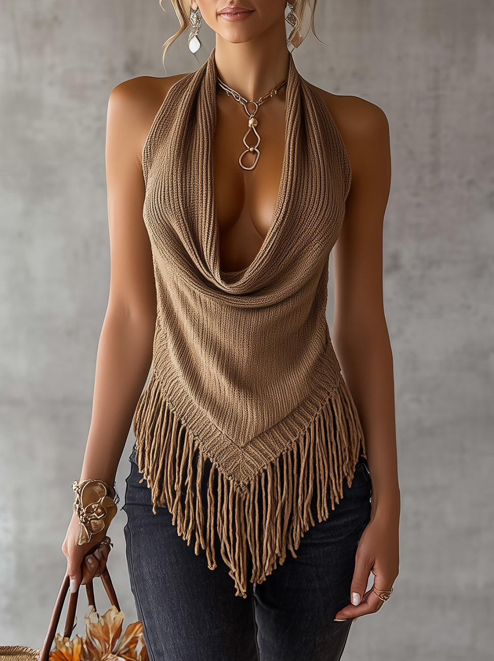 Camel Knit Halter Top With Draped Neckline And Fringe Hem