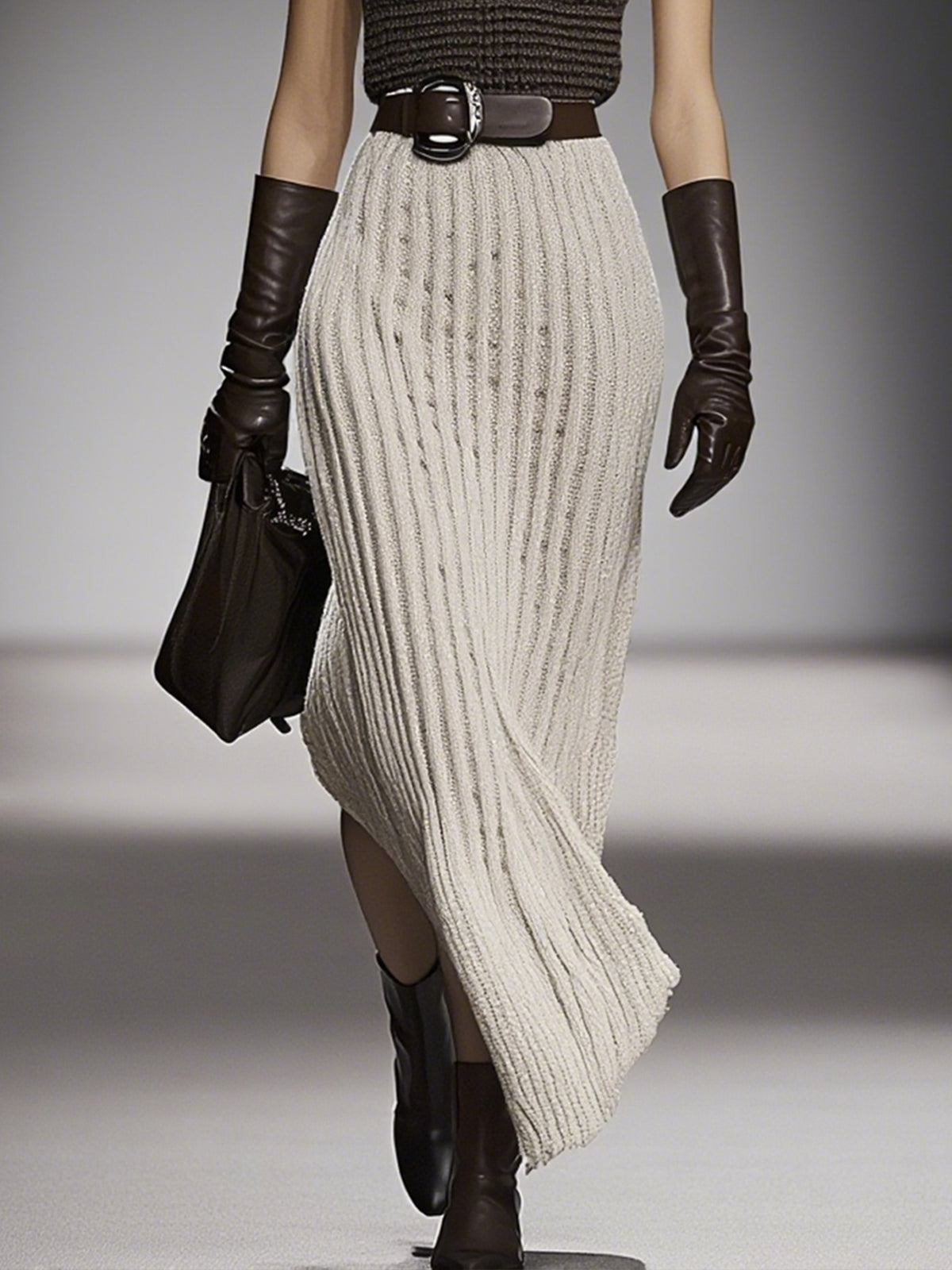 Brown And Beige Knit Sleeveless Bodycon With Belt