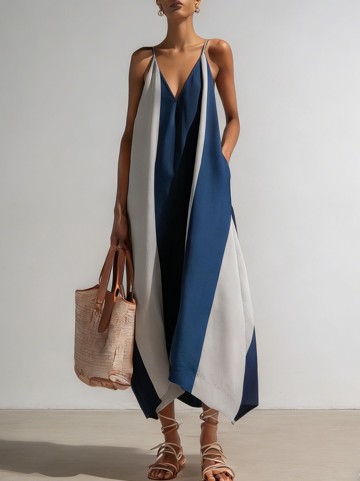 Color Block Spaghetti Strap Handkerchief Hem Maxi Dress