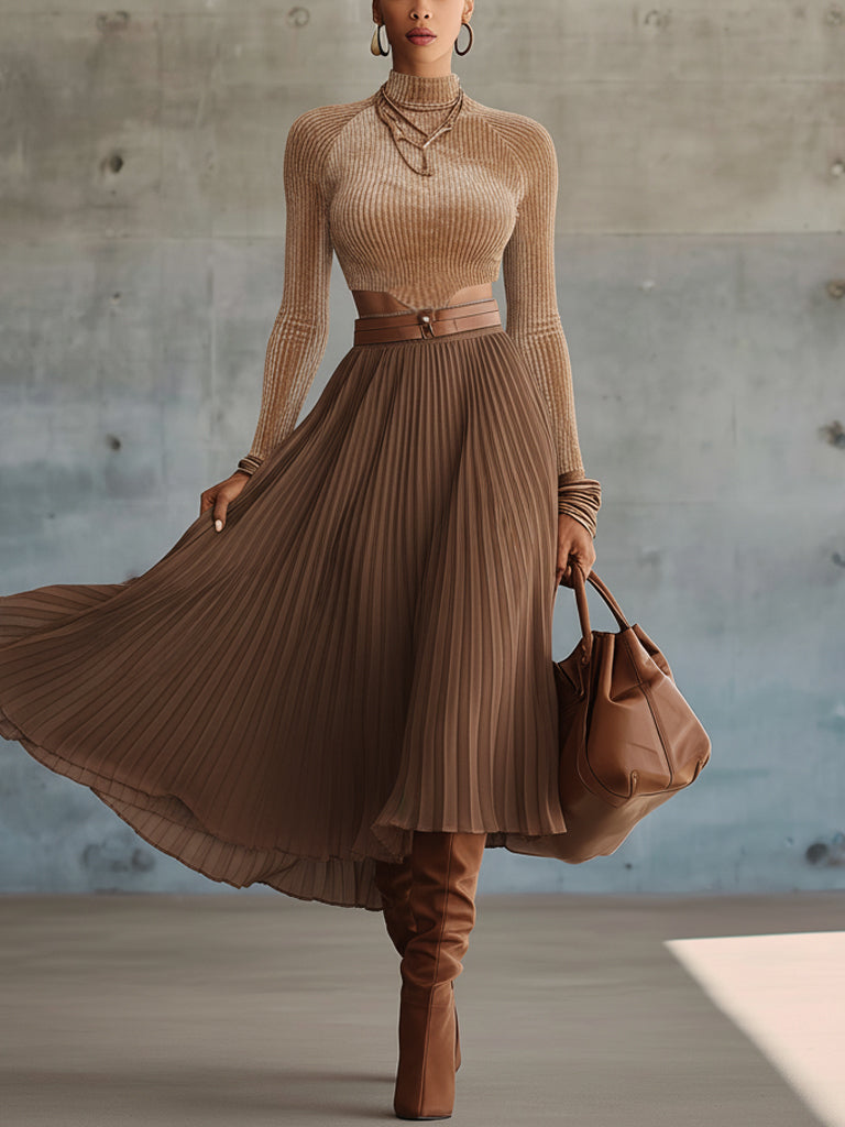 Mocha Velvet Chiffon Cutout Dress With Belt