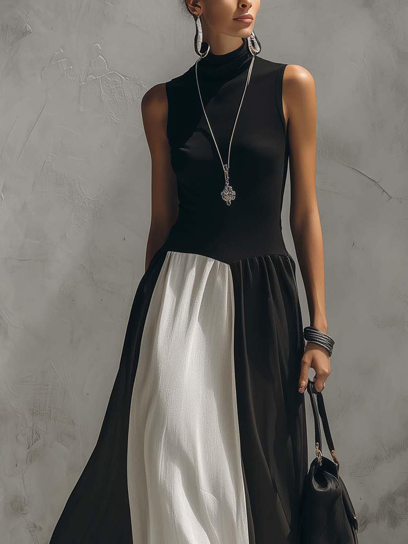 Black And White Contrast Sleeveless Cotton Linen Maxi Dress