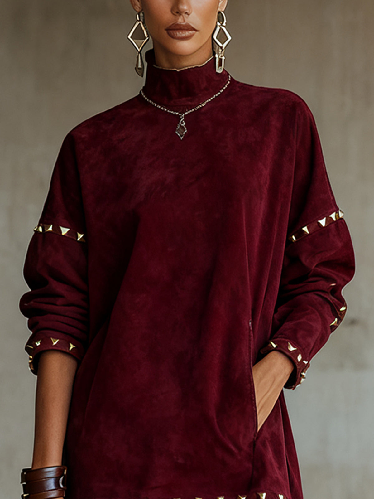 Red Faux Suede Mini Dress With Studded Fringe Trim