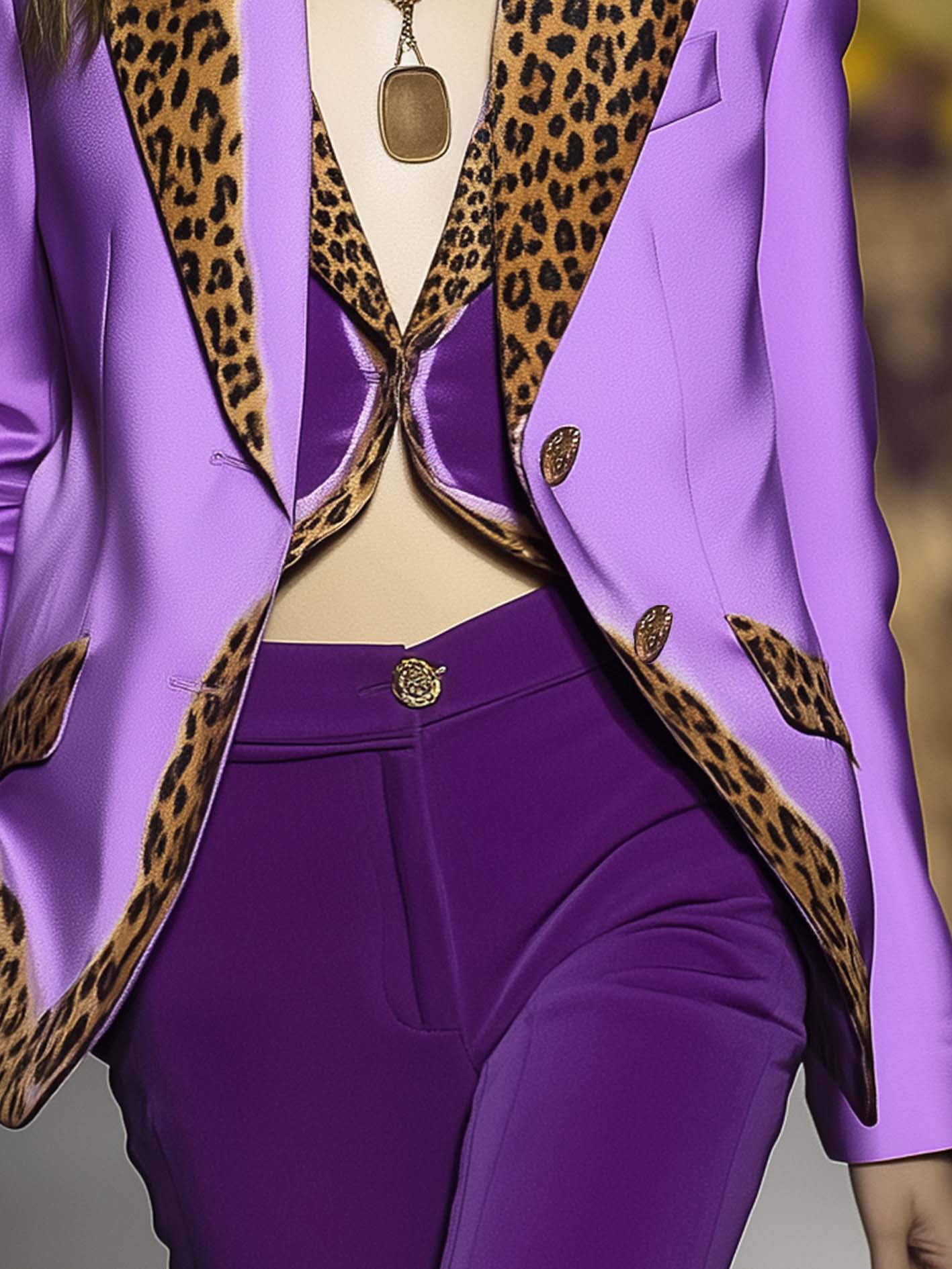 Plush Purple Satin Blazer With Leopard Print