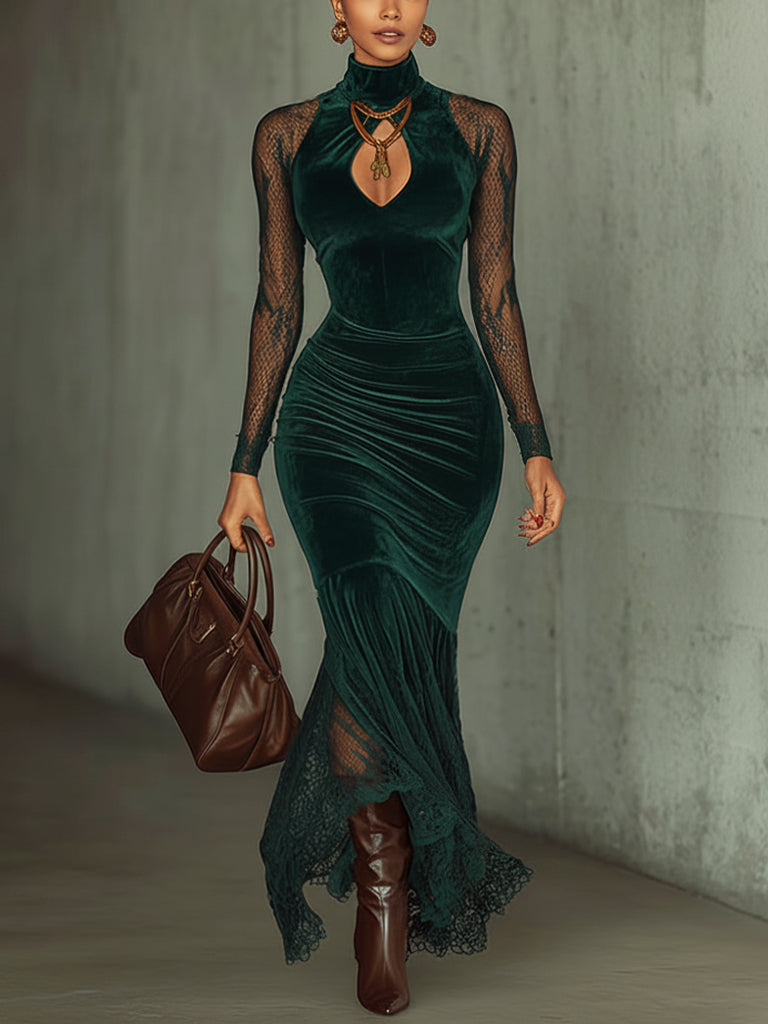 Emerald Velvet Lace Cutout Long Sleeve Maxi Dress