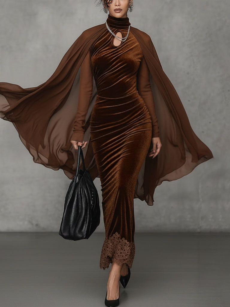 Brown Velvet High Neck Cutout Maxi Dress With Chiffon Cape