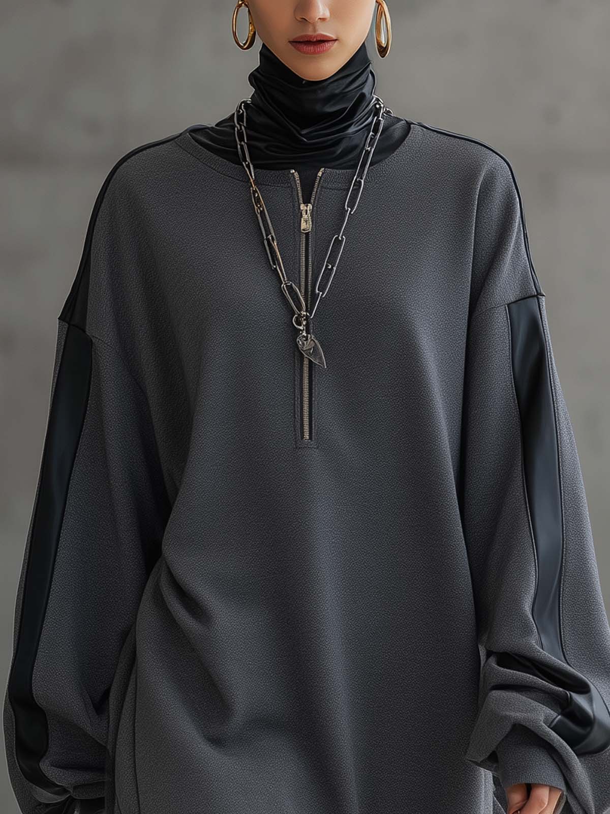 Dark Gray Blended Leather Trim High Neck Zipper Mini Loose Dress