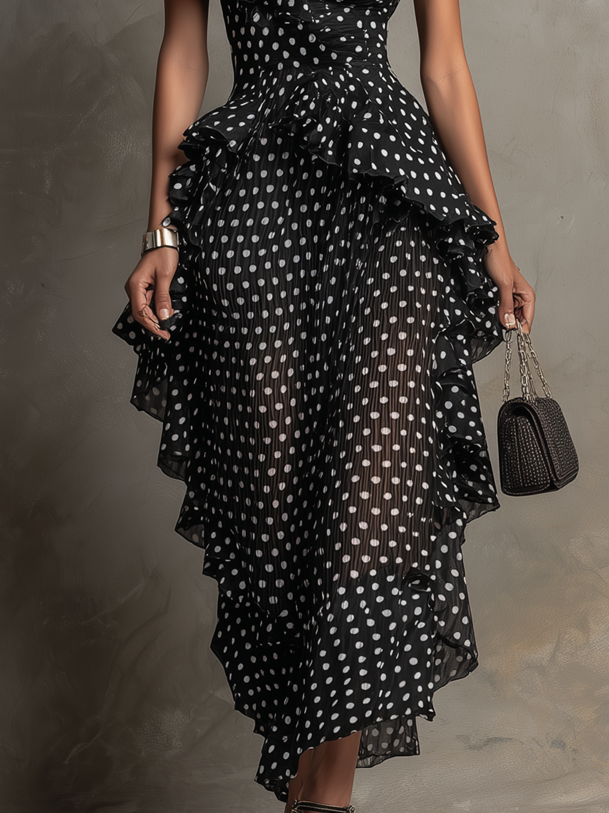 Black Polka Dot One-Shoulder Ruffled Asymmetric Midi Dress