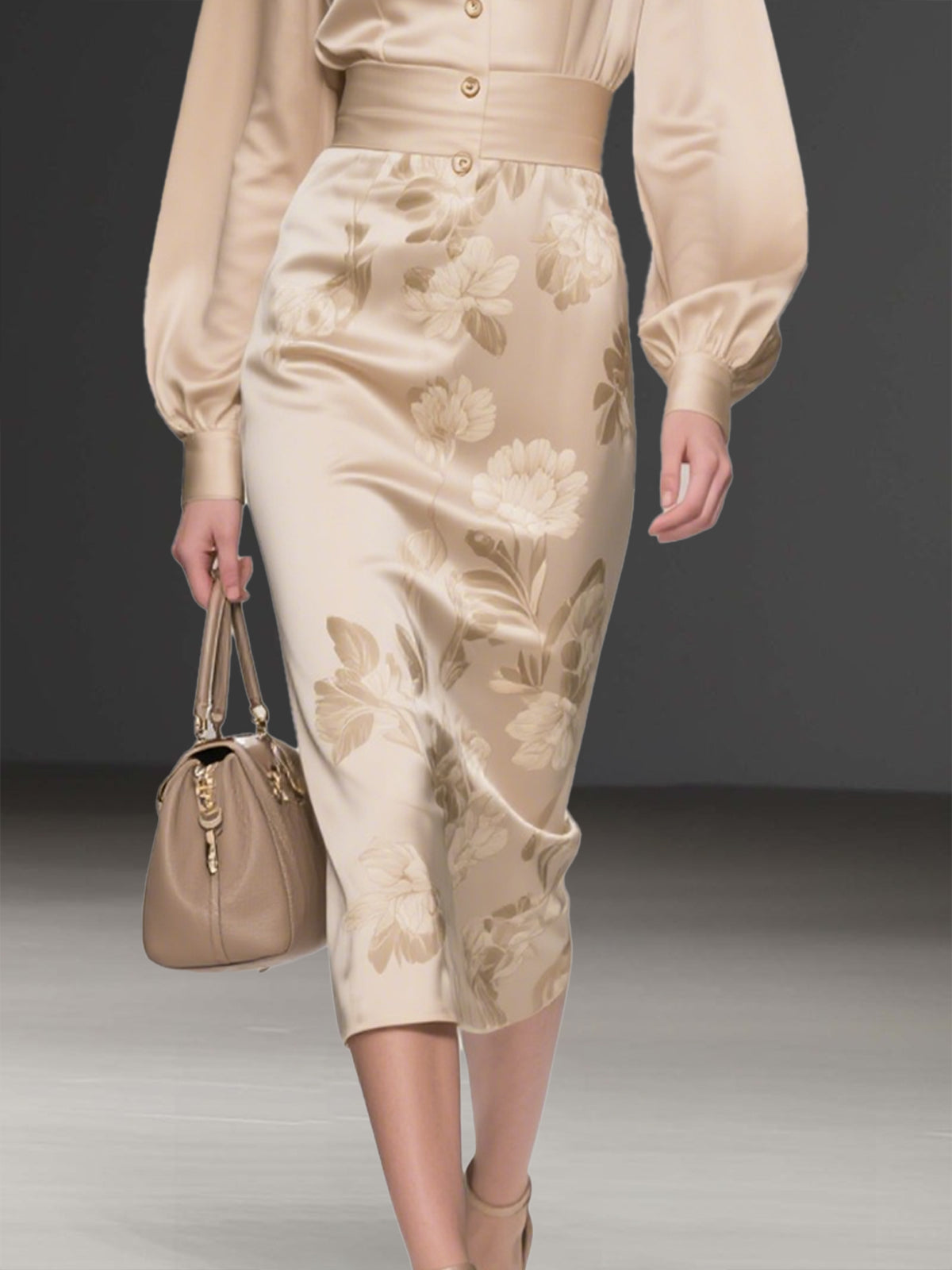 Champagne Satin Shirt Dress With Floral Print