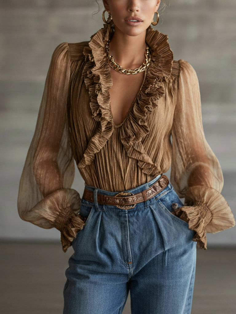BrownRuffled Chiffon Puff Sleeve Blouse