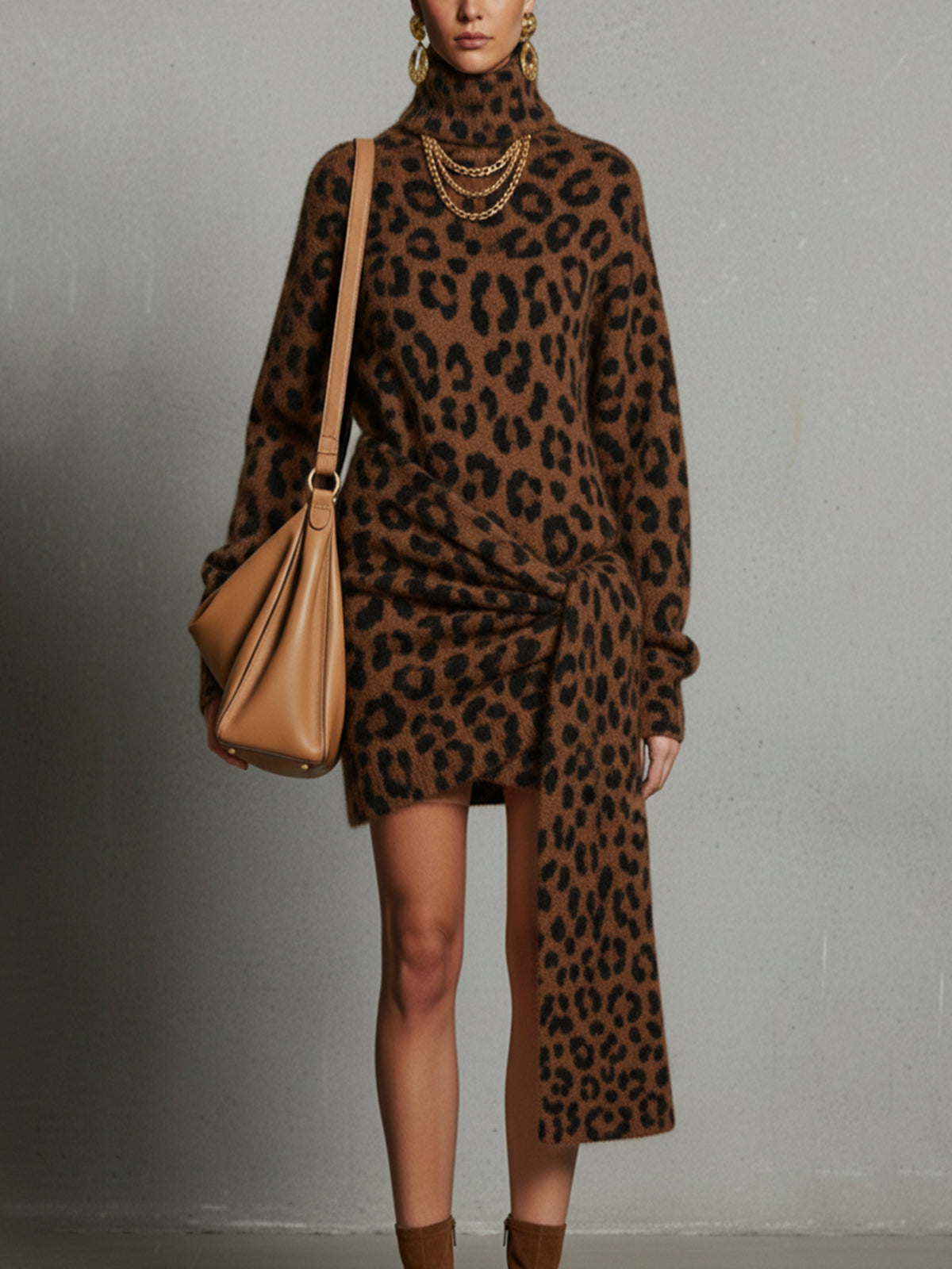 Brown Leopard Print Turtleneck Sweater Dress With Wrap Detail