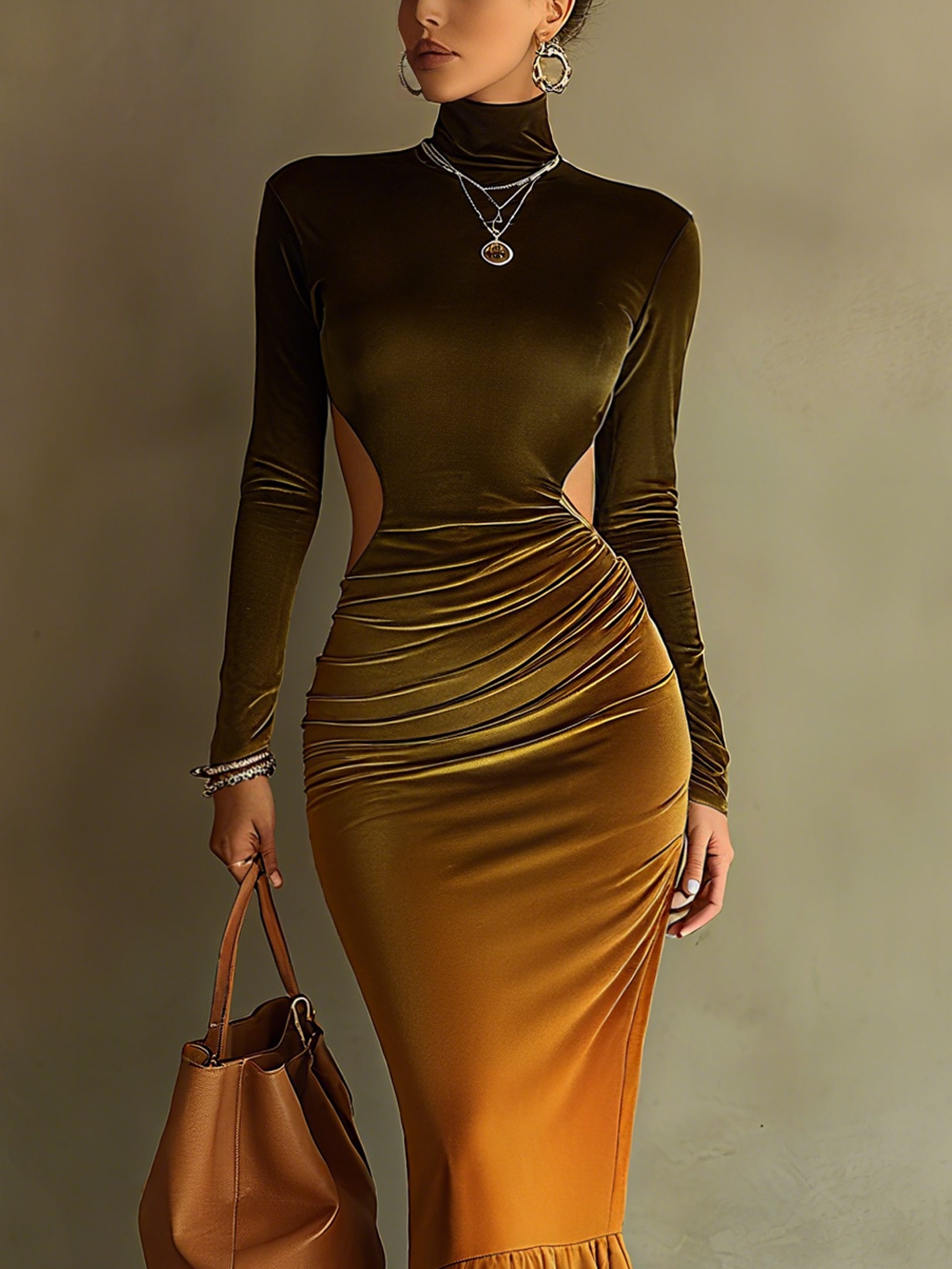 Green Gradient Velvet Openwork Fishtail Maxi Dress