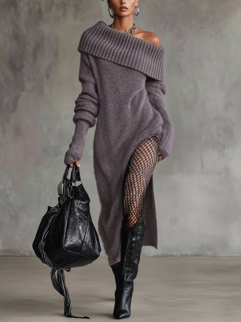 Purple Off Shoulder Slit Knit Long Sleeve Maxi Dress