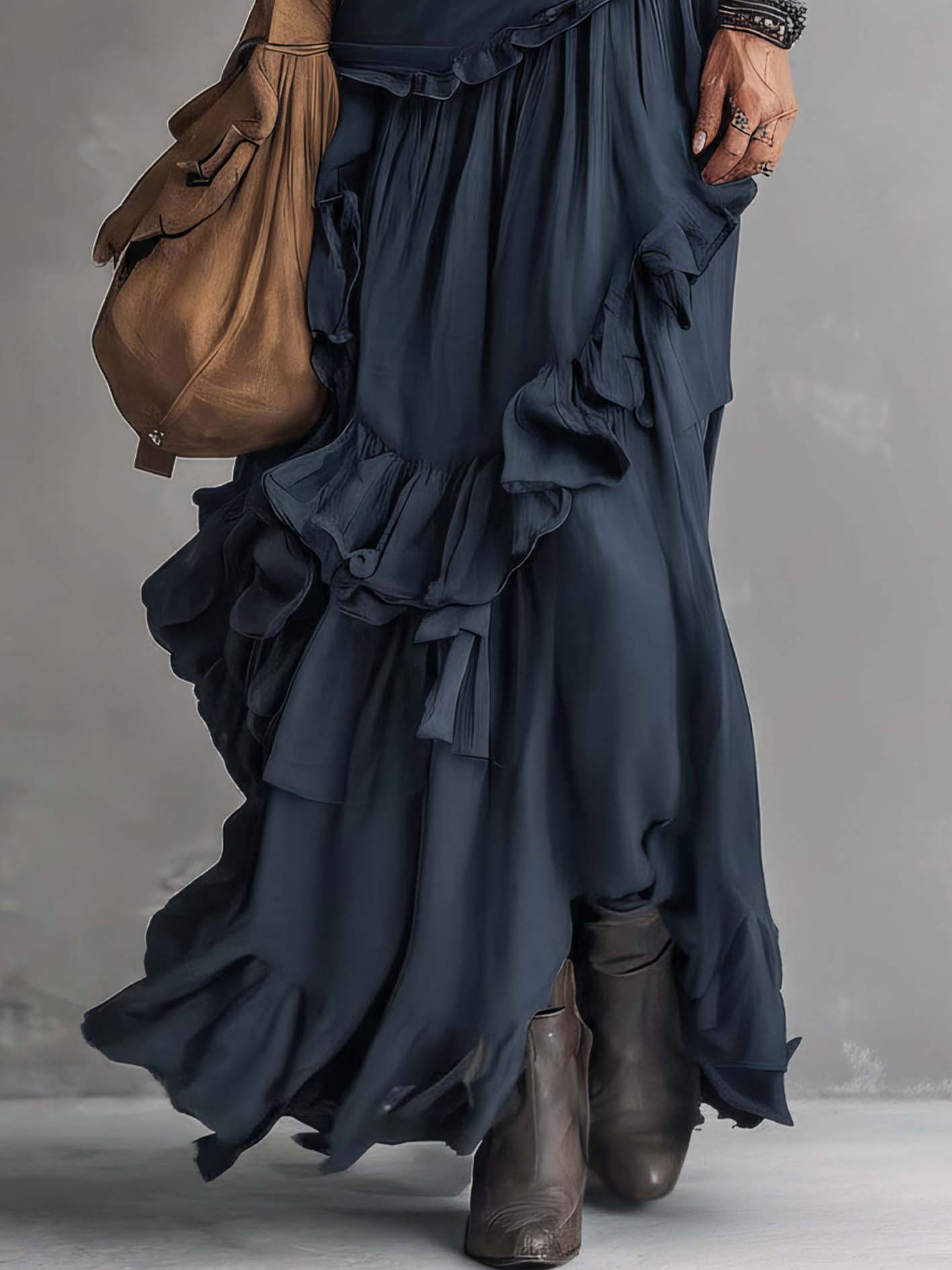 Deep Navy Cotton Linen Ruffled Sleeveless Maxi Dress