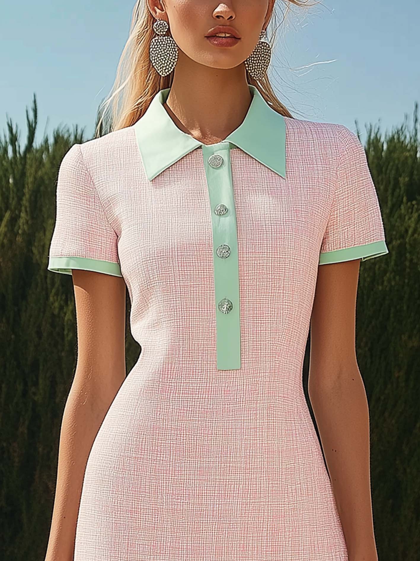 Pink Mini Shirt Dress With Mint Green Lapels And Trim