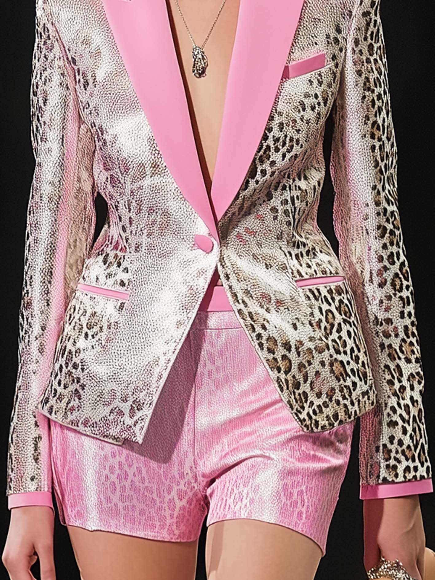 Pink Stylish Satin Blazer With Silver Leopard Print