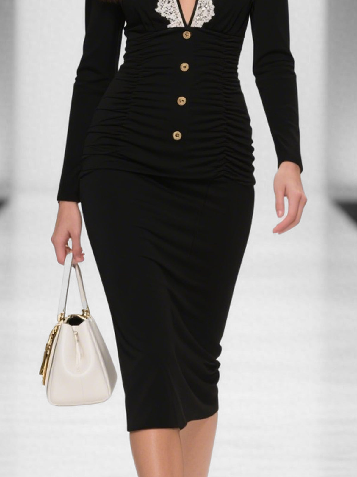 Ruched Black Midi Dress With Lace Trim And Gold Buttons