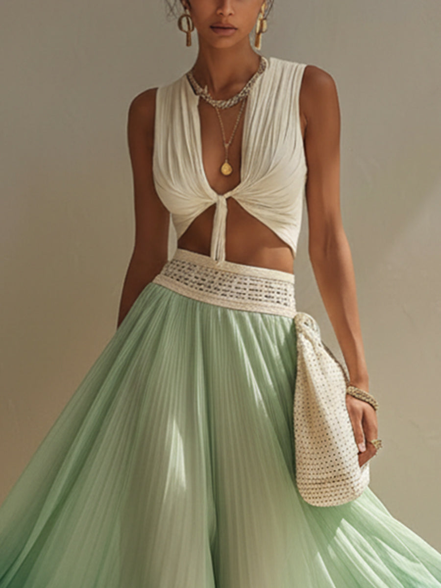 Green Gradient Chiffon Pleated Skirt Set