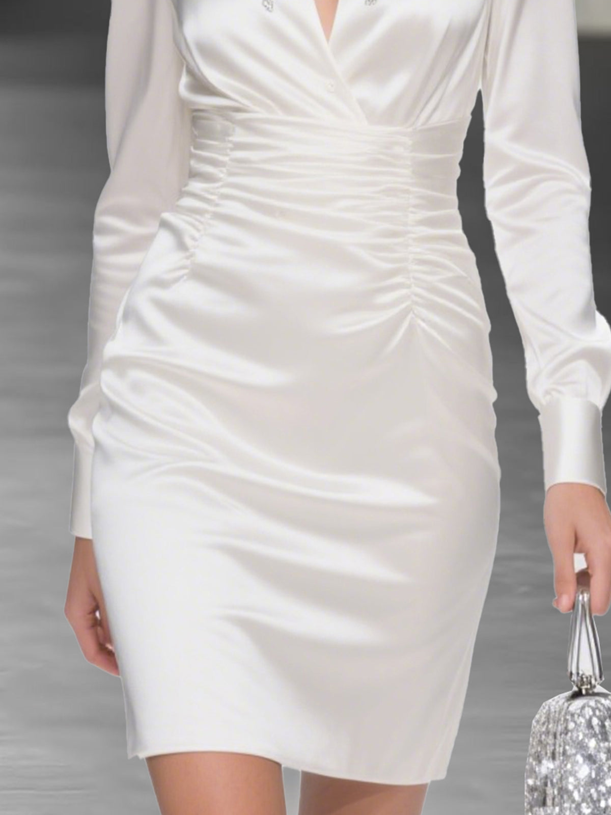 Satin Ruched Mini Dress With Embroidered Collar