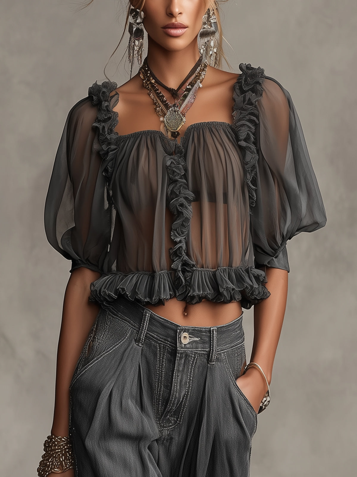 Gray Ruffled Square-Neck Puff Sleeve Blouse