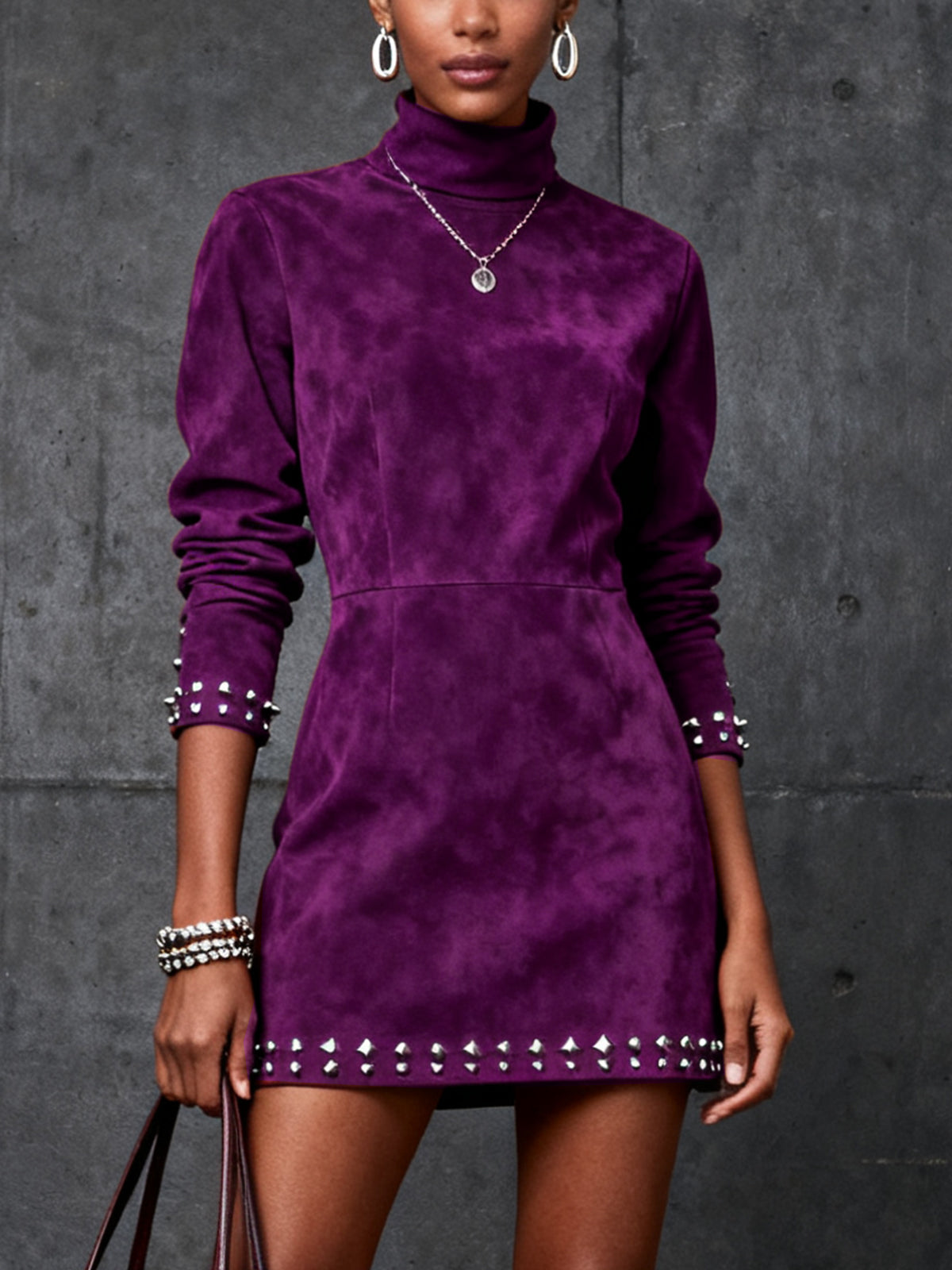 Purple Faux Suede Mini Dress With Studded Accents