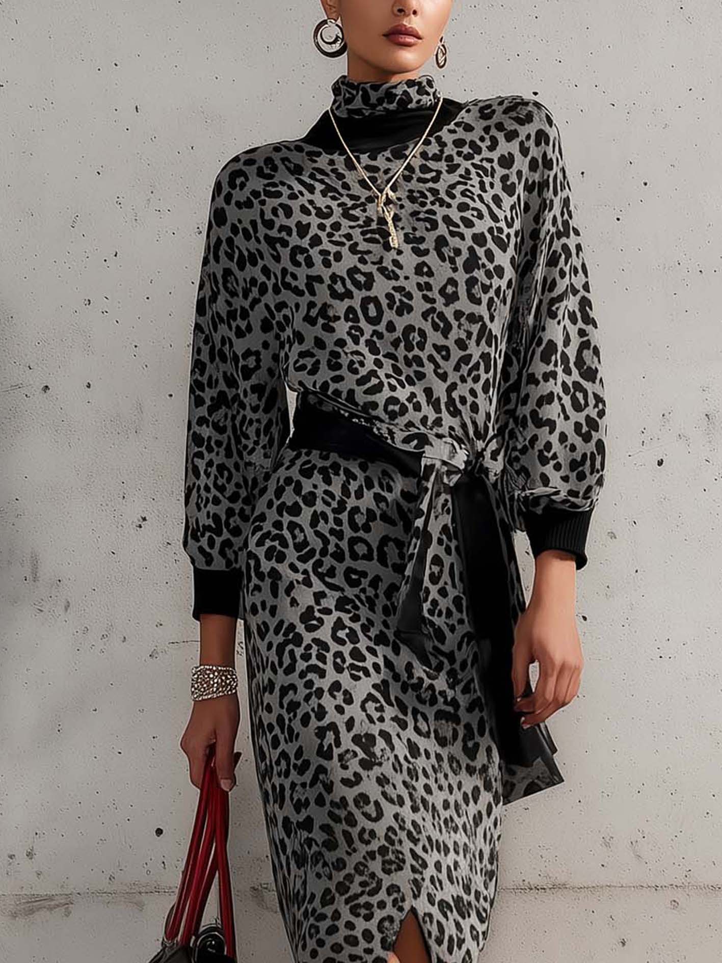 Gray Velvet Midi Dress With Black Leopard Print And Belt