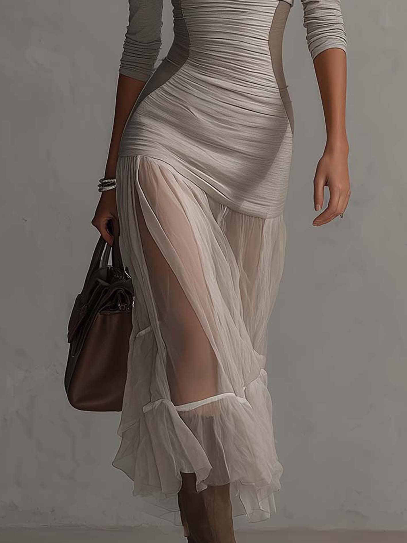 Gray Colorblock Mesh Hem Bodycon Dress