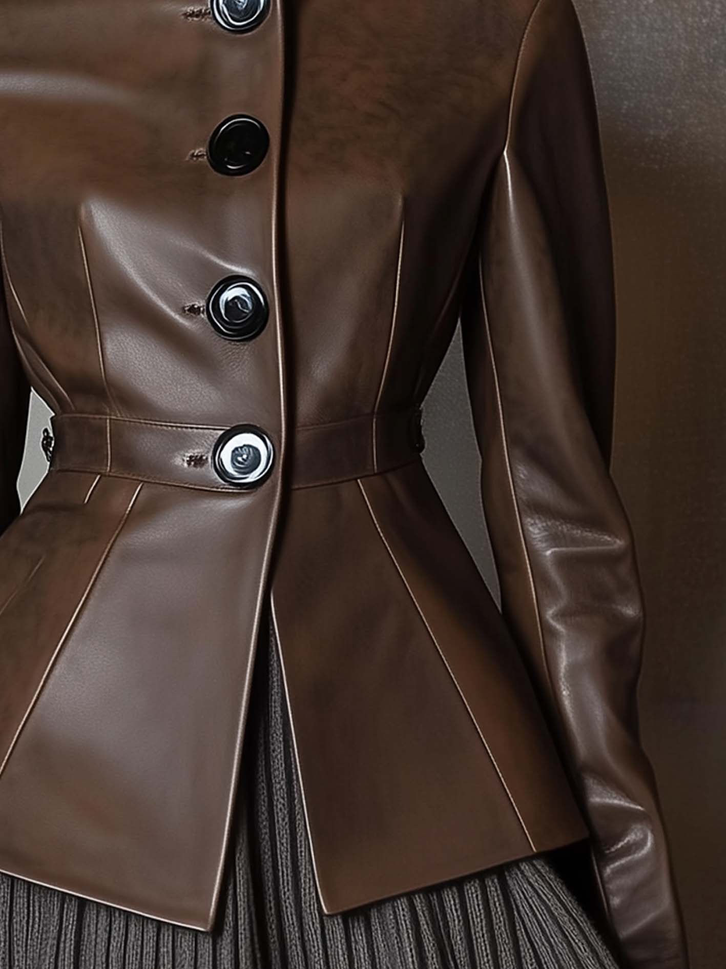 Brown Faux Leather Jacket With Buttons And Stand Collar