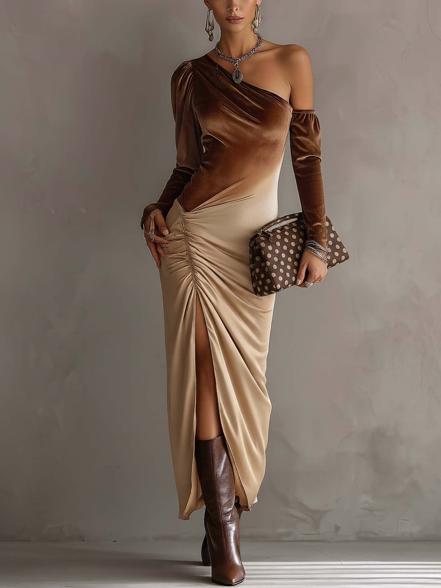 Gradient Brown Velvet Ruched Side Slit One Shoulder Bodycon Dress