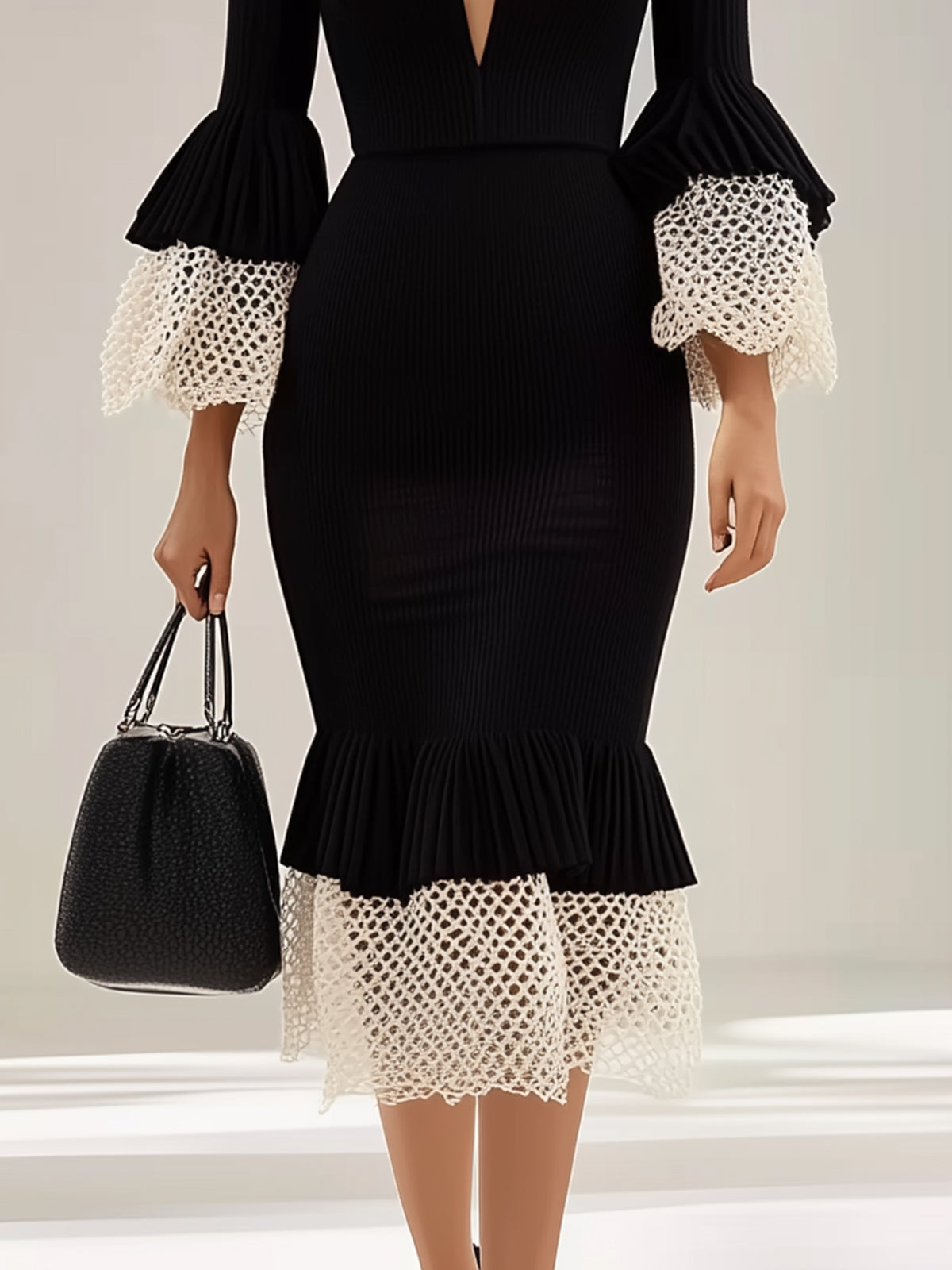 Black Ribbed Dress With White Cuffs And Hem