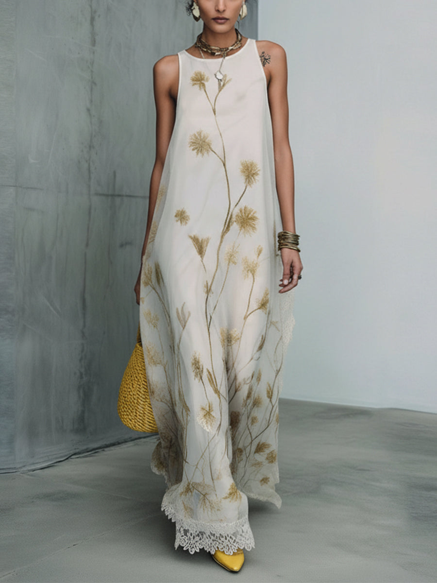 Ivory Sheer Chiffon Floral Print Maxi Dress With Lace Hem